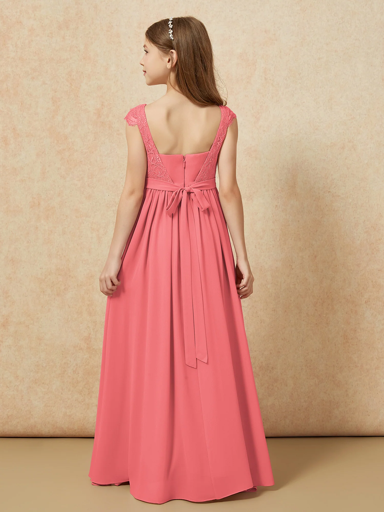 Cap Sleeve Lace Chiffon Junior Bridesmaid Dresses Watermelon - Image 2