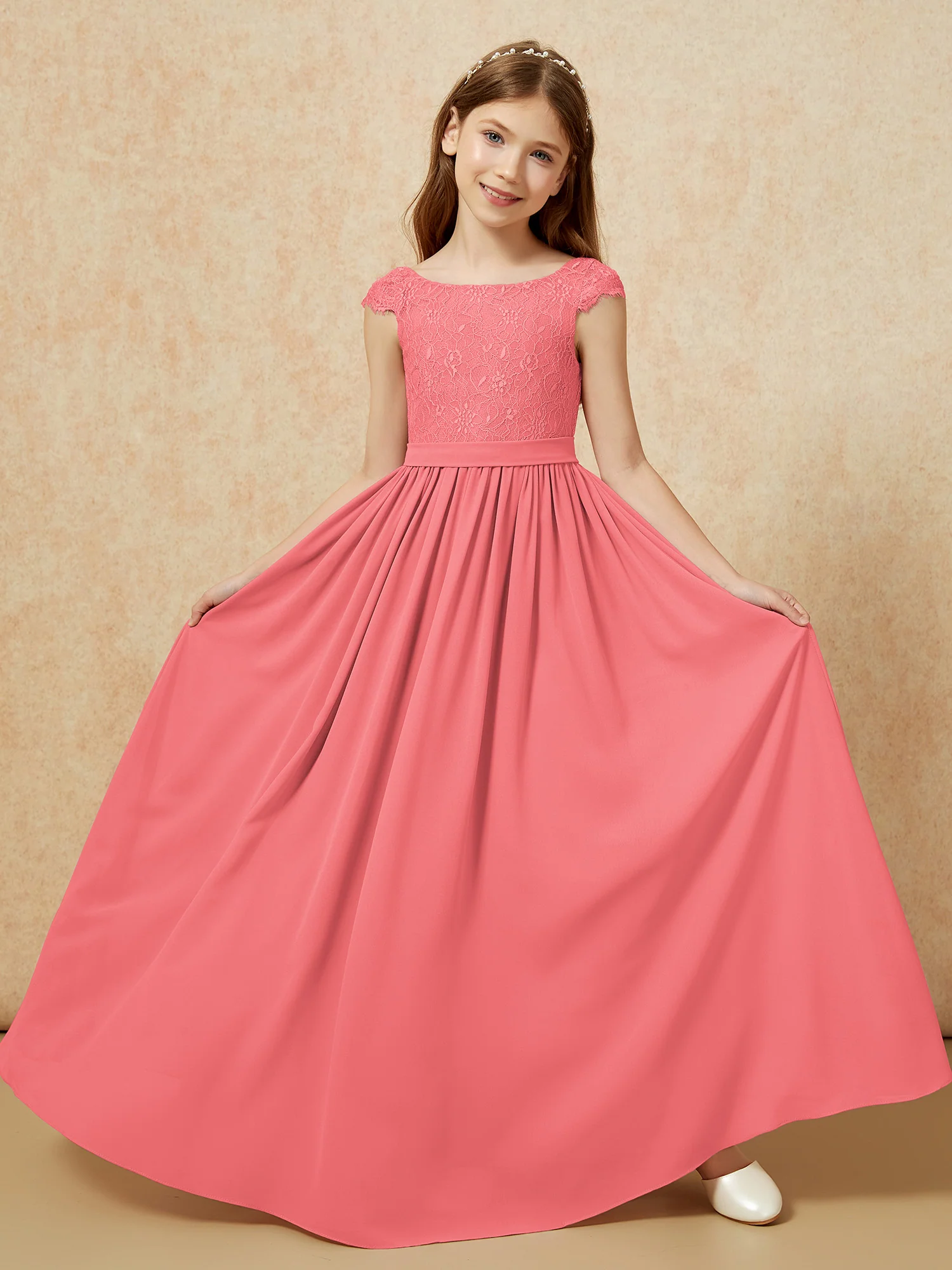 Cap Sleeve Lace Chiffon Junior Bridesmaid Dresses Watermelon - Image 5