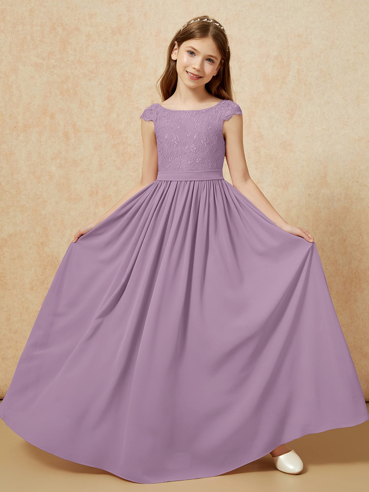 Cap Sleeve Lace Chiffon Junior Bridesmaid Dresses Wisteria - Image 5