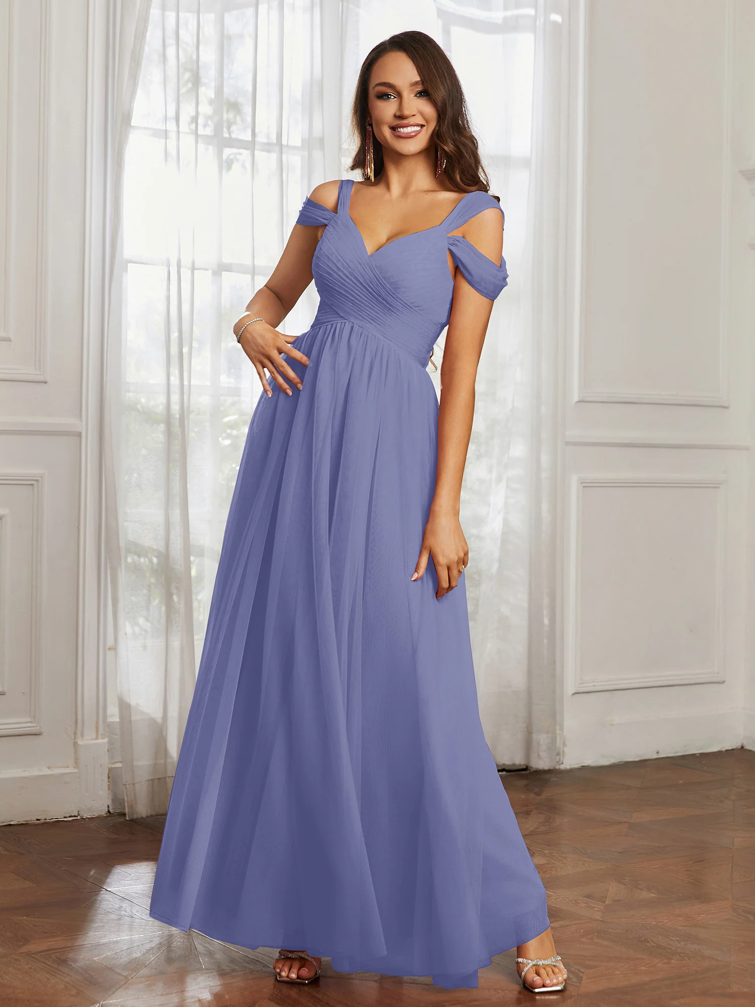 Cap Sleeve Tulle Ruched Floor-length Dress Periwinkle Plus Size - Image 3