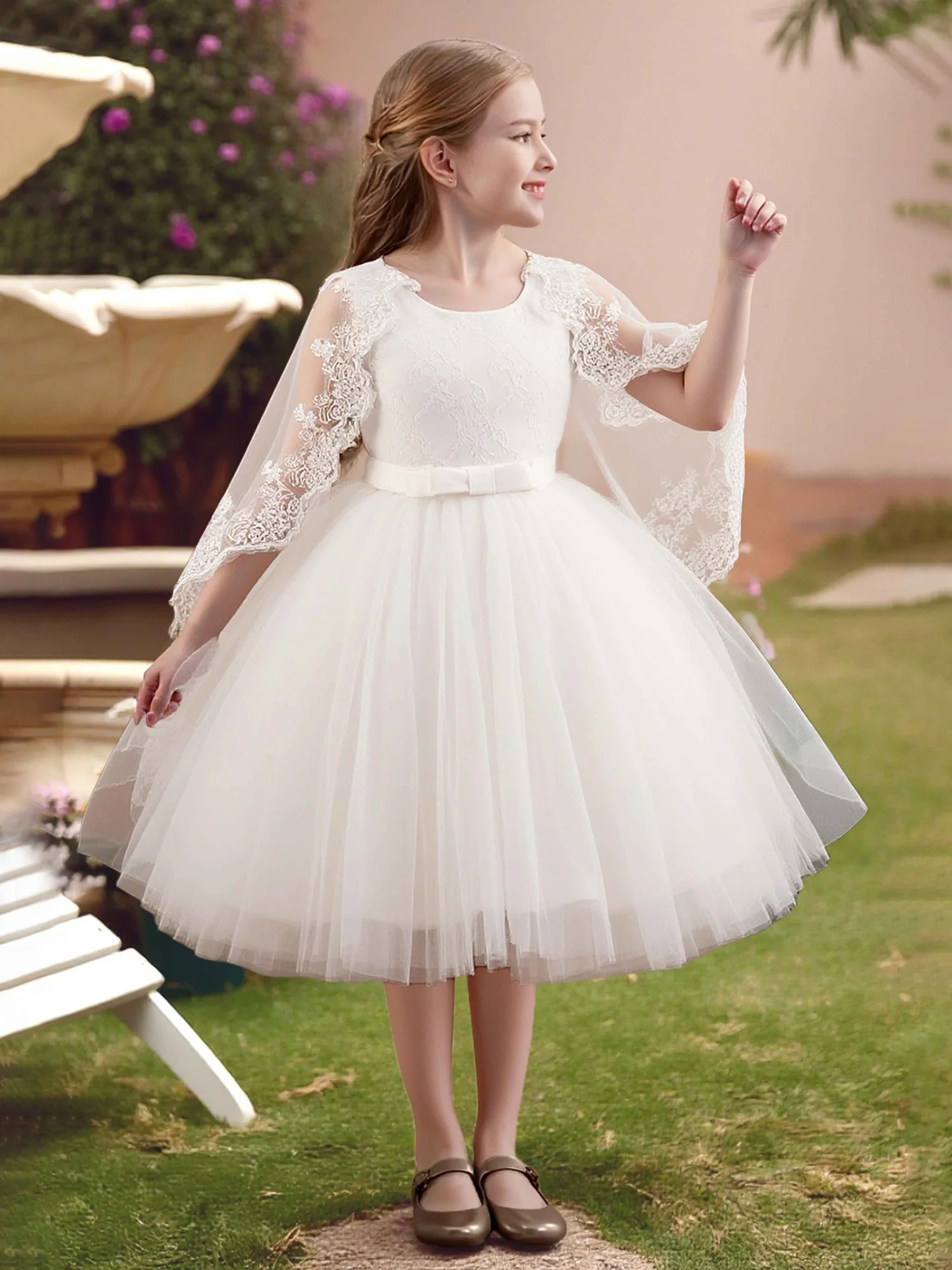 Lace Cape Sleeve Tulle Skirt Bow Belt Flower Girl Dress White
