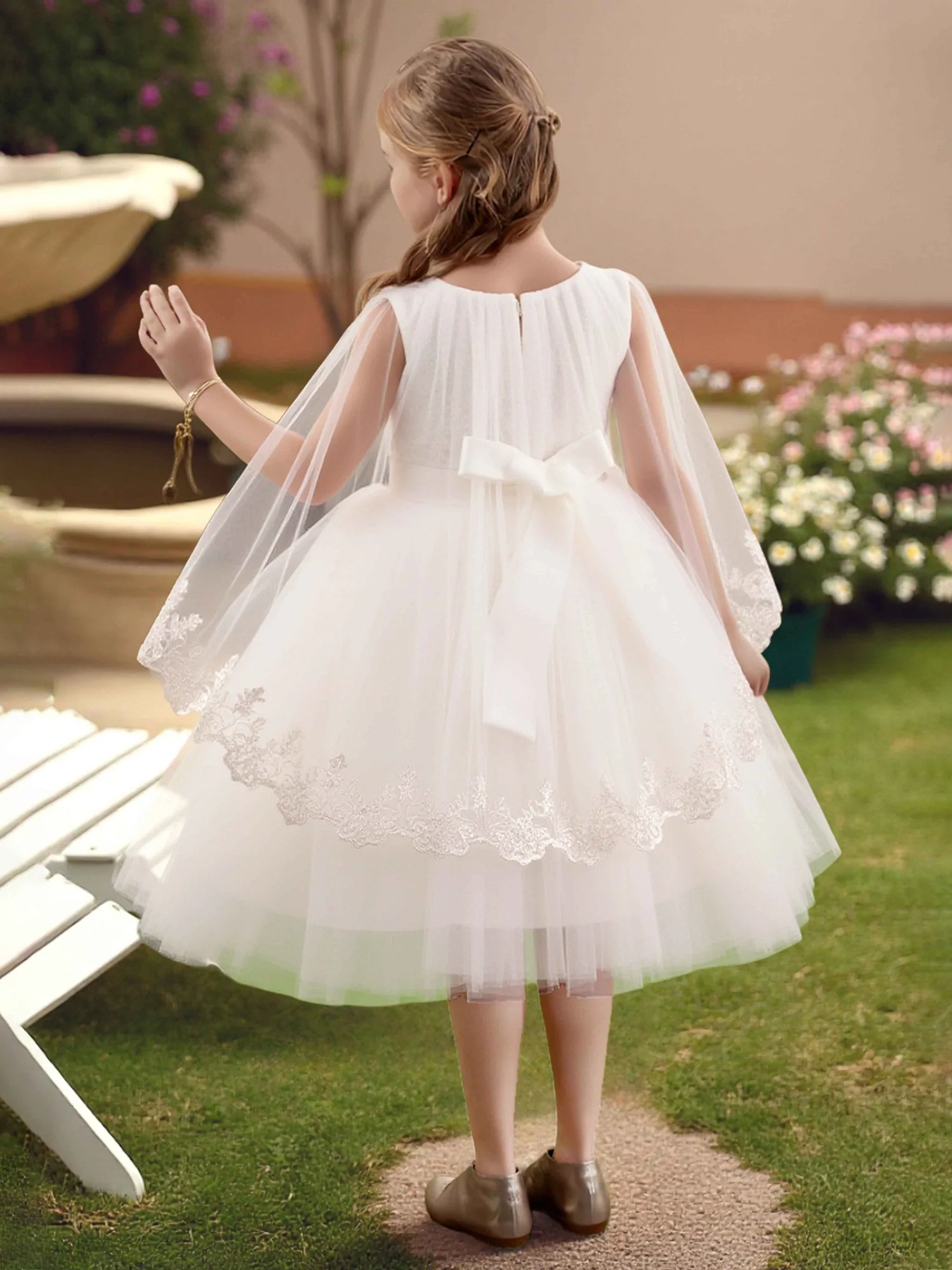 Lace Cape Sleeve Tulle Skirt Bow Belt Flower Girl Dress White - Image 2