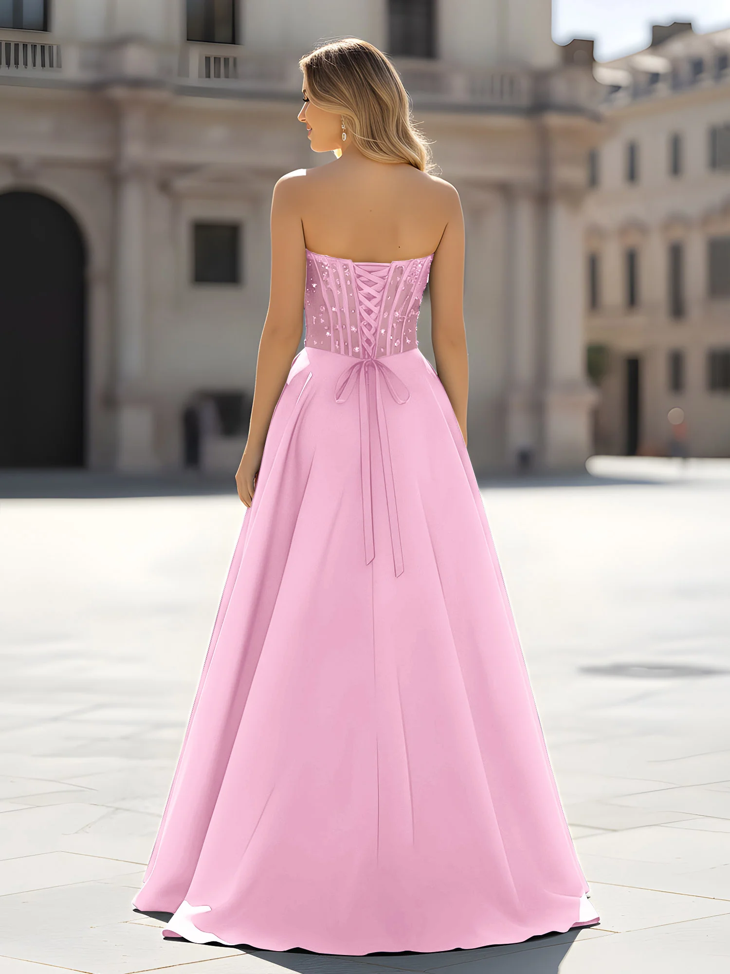 Sequin Sweetheart Bodice A-Line Gown with Slit Candy Pink - Image 2