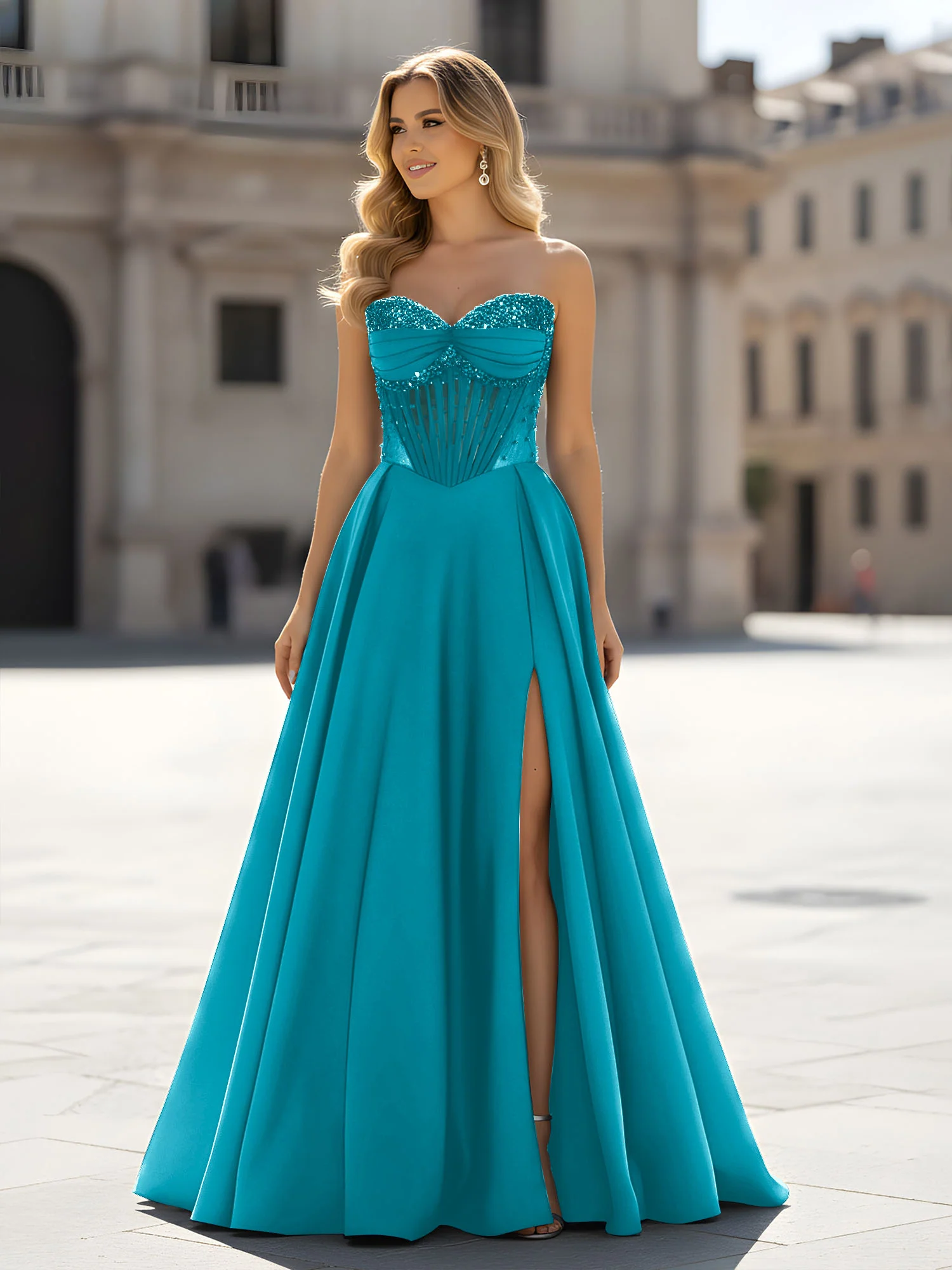 Sequin Sweetheart Bodice A-Line Gown with Slit Jade