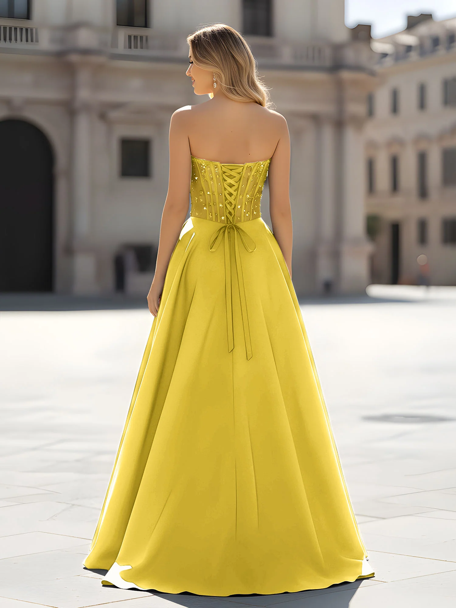 Sequin Sweetheart Bodice A-Line Gown with Slit Marigold - Image 2