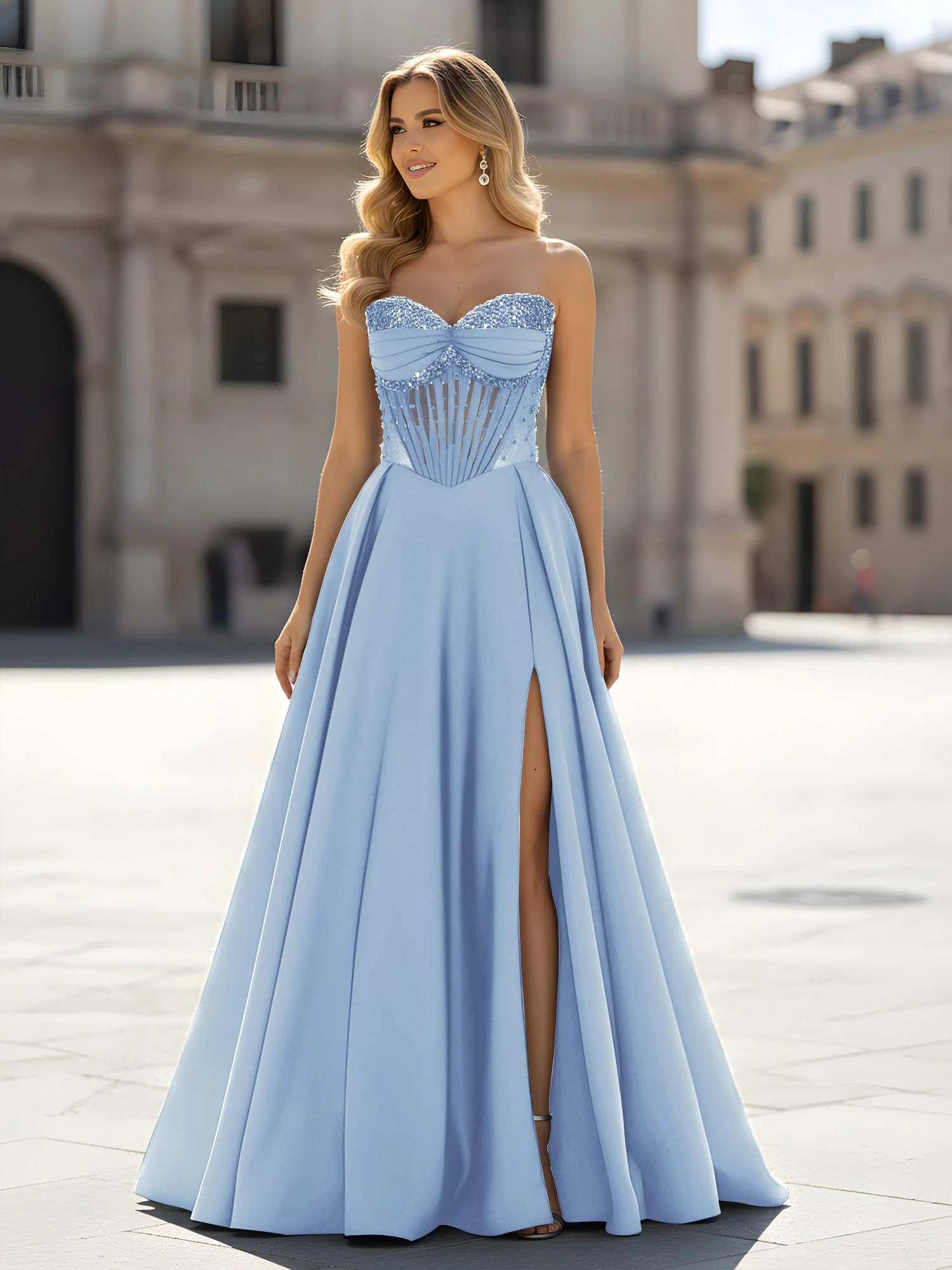 Sequin Sweetheart Bodice A-Line Gown with Slit Sky Blue