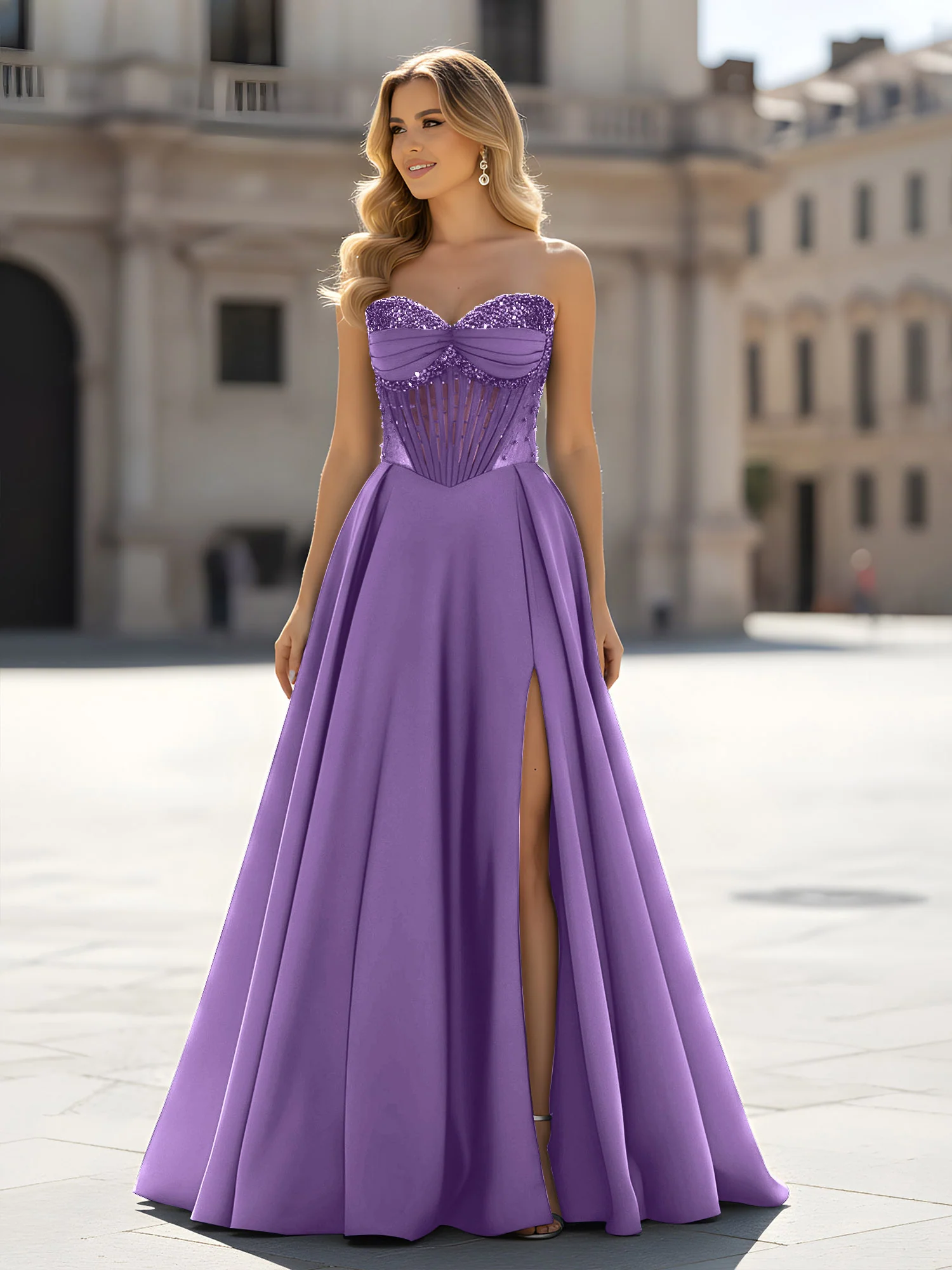 Sequin Sweetheart Bodice A-Line Gown with Slit Tahiti