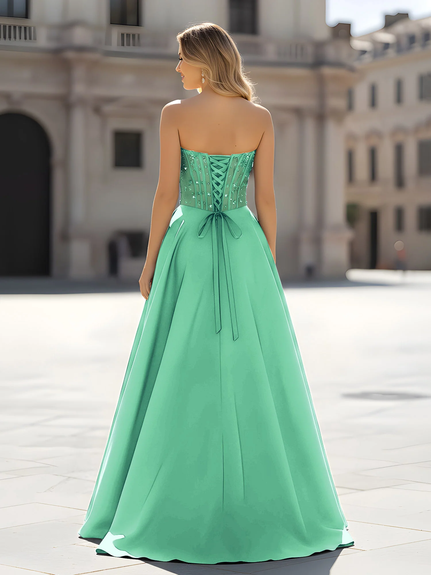 Sequin Sweetheart Bodice A-Line Gown with Slit Turquoise - Image 2