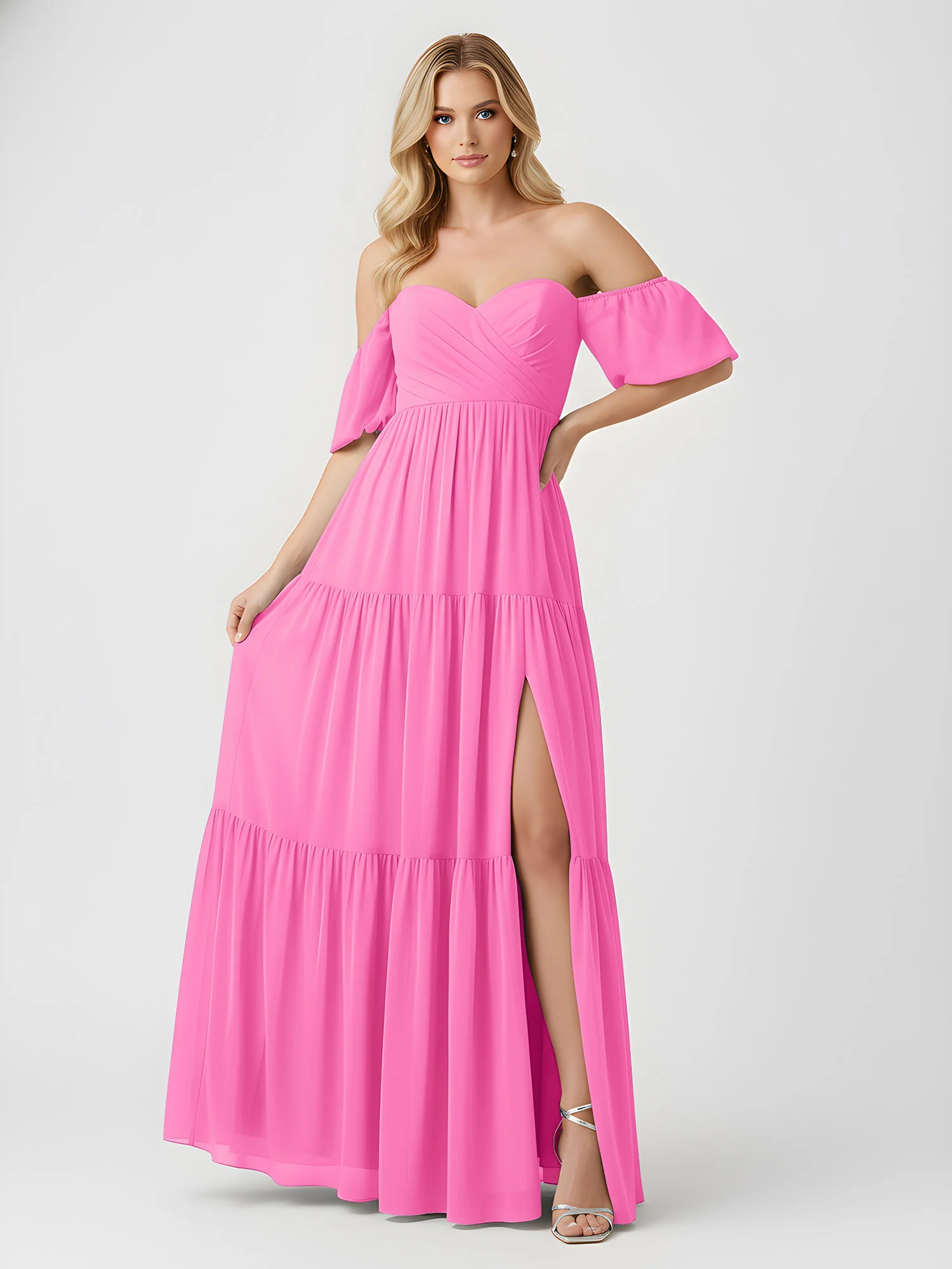 Off-Shoulder Tiered Chiffon Maxi Dress with Slit Azalea - Image 3