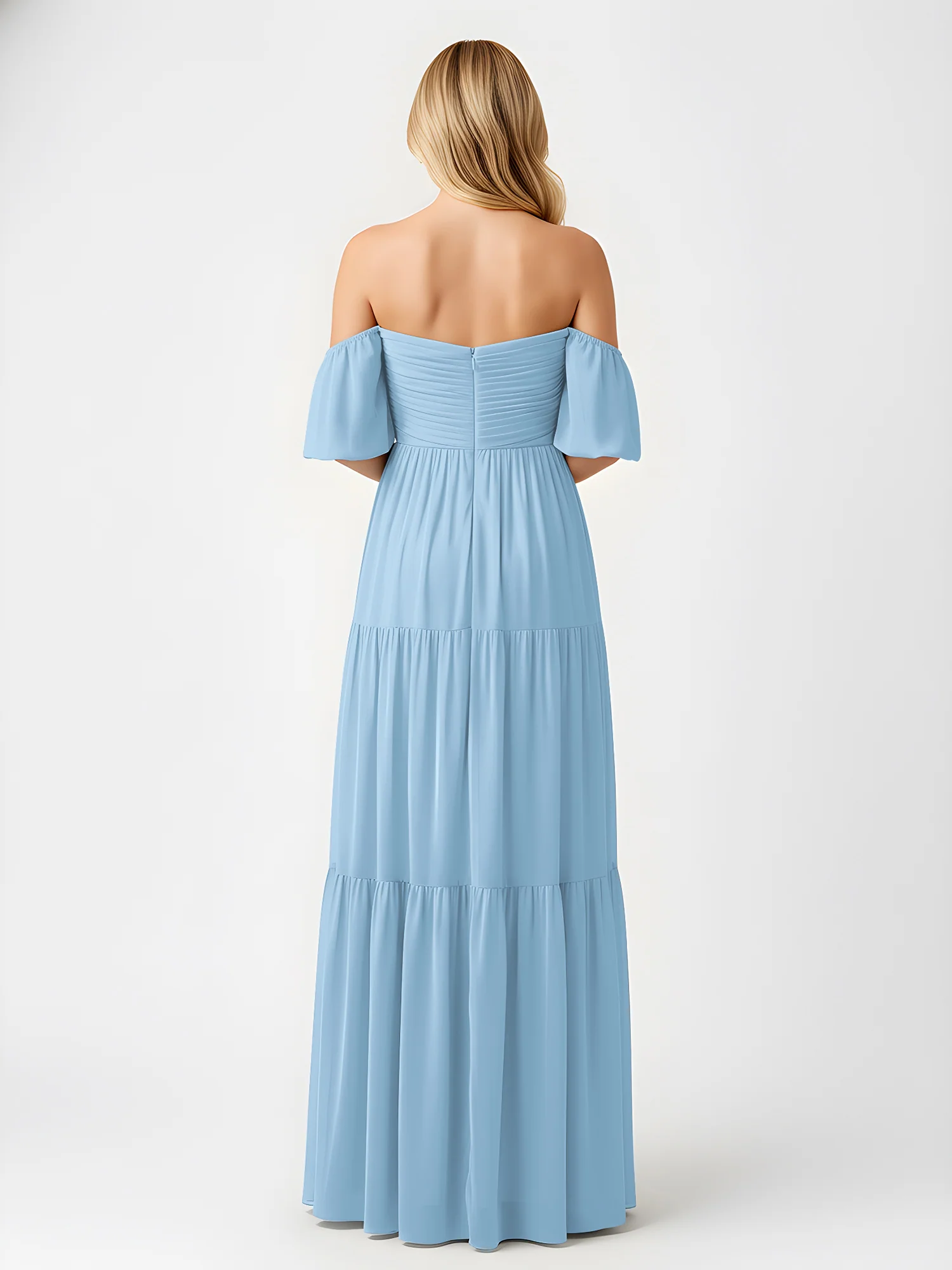 Off-Shoulder Tiered Chiffon Maxi Dress with Slit Blue - Image 2
