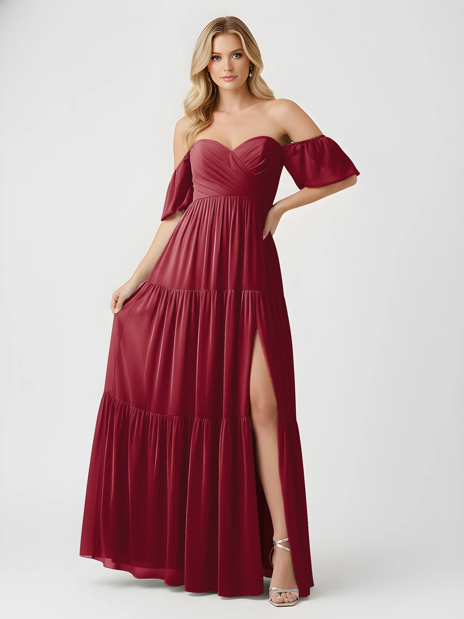 Off-Shoulder Tiered Chiffon Maxi Dress with Slit Burgundy - Image 3