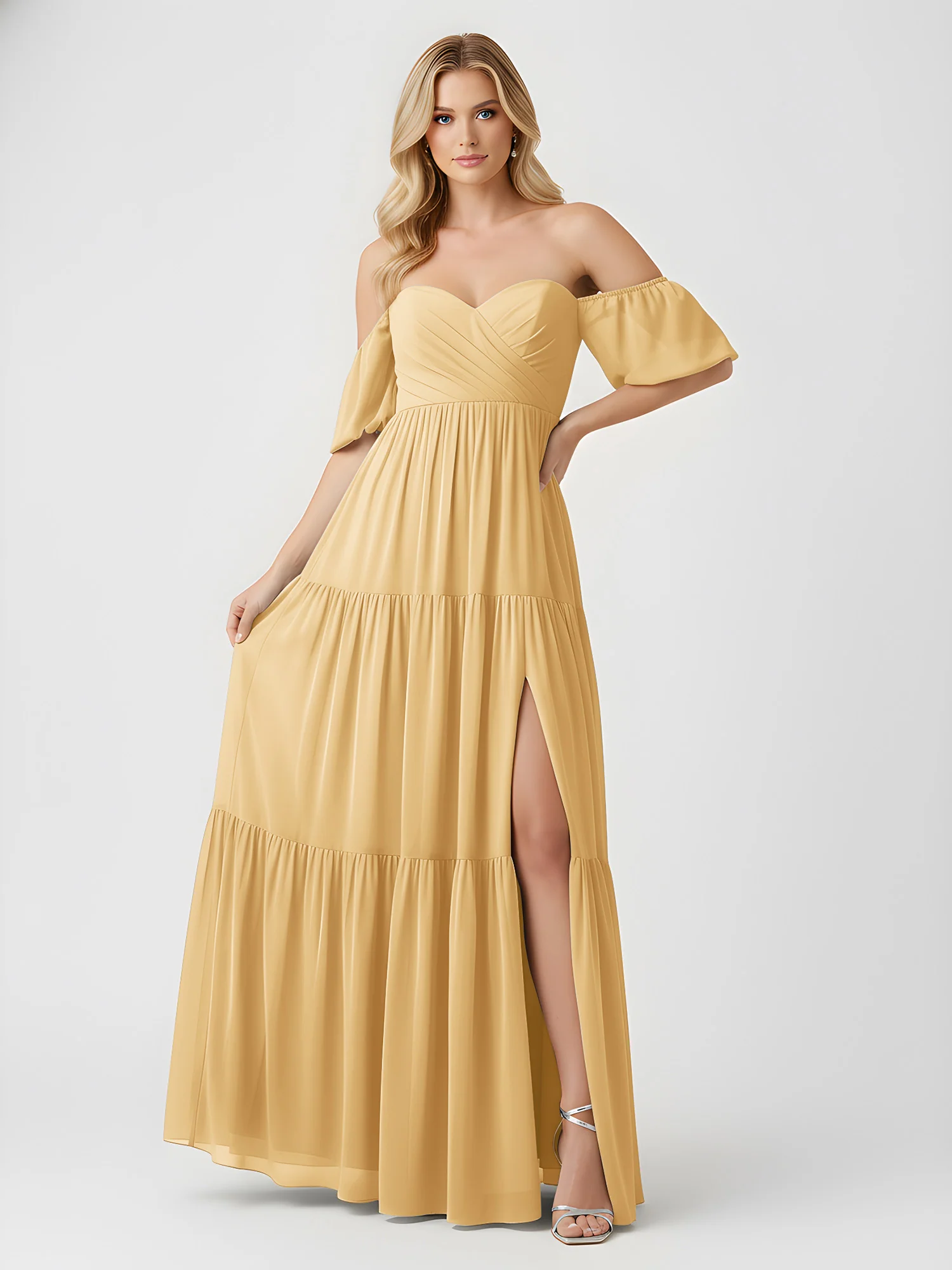 Off-Shoulder Tiered Chiffon Maxi Dress with Slit Gold - Image 3