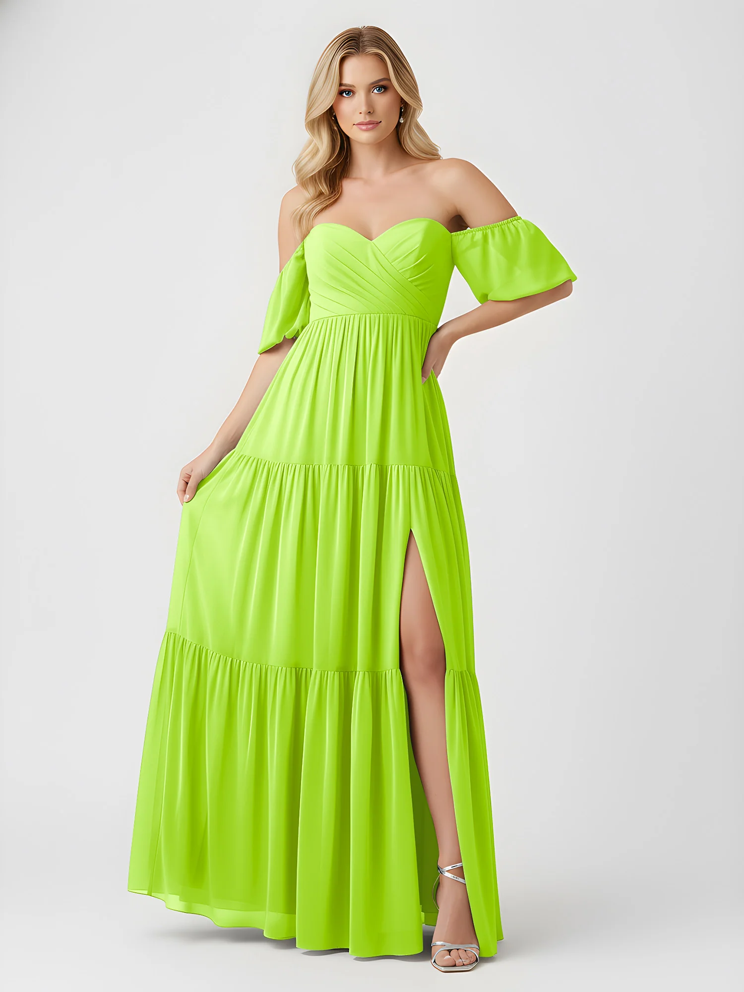 Off-Shoulder Tiered Chiffon Maxi Dress with Slit Lime Green - Image 3