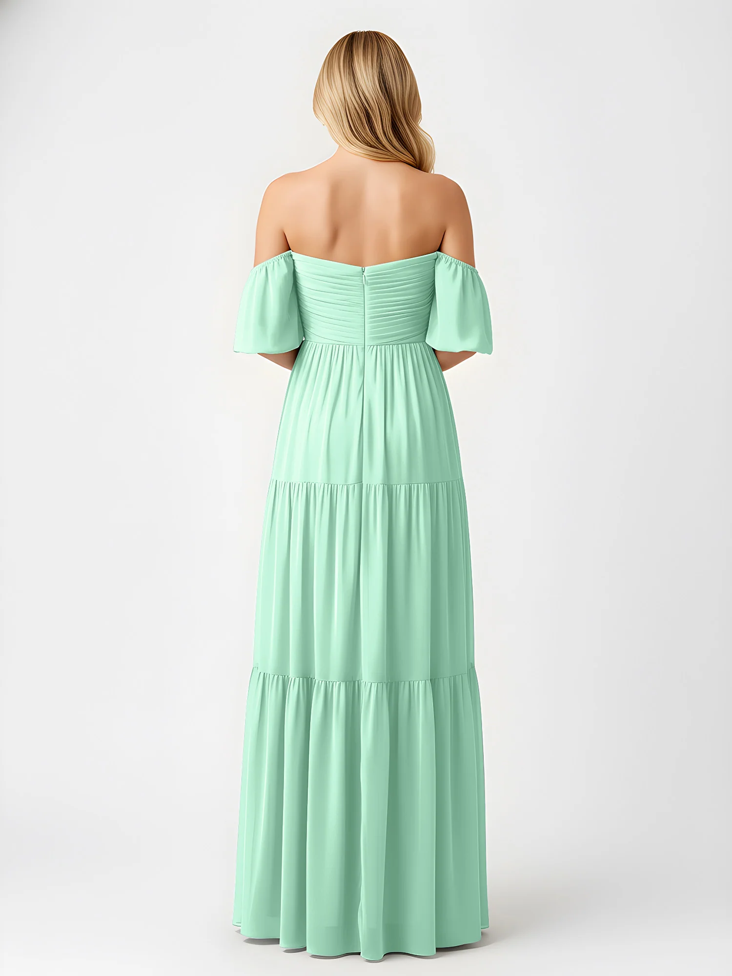 Off-Shoulder Tiered Chiffon Maxi Dress with Slit Mint Green - Image 2