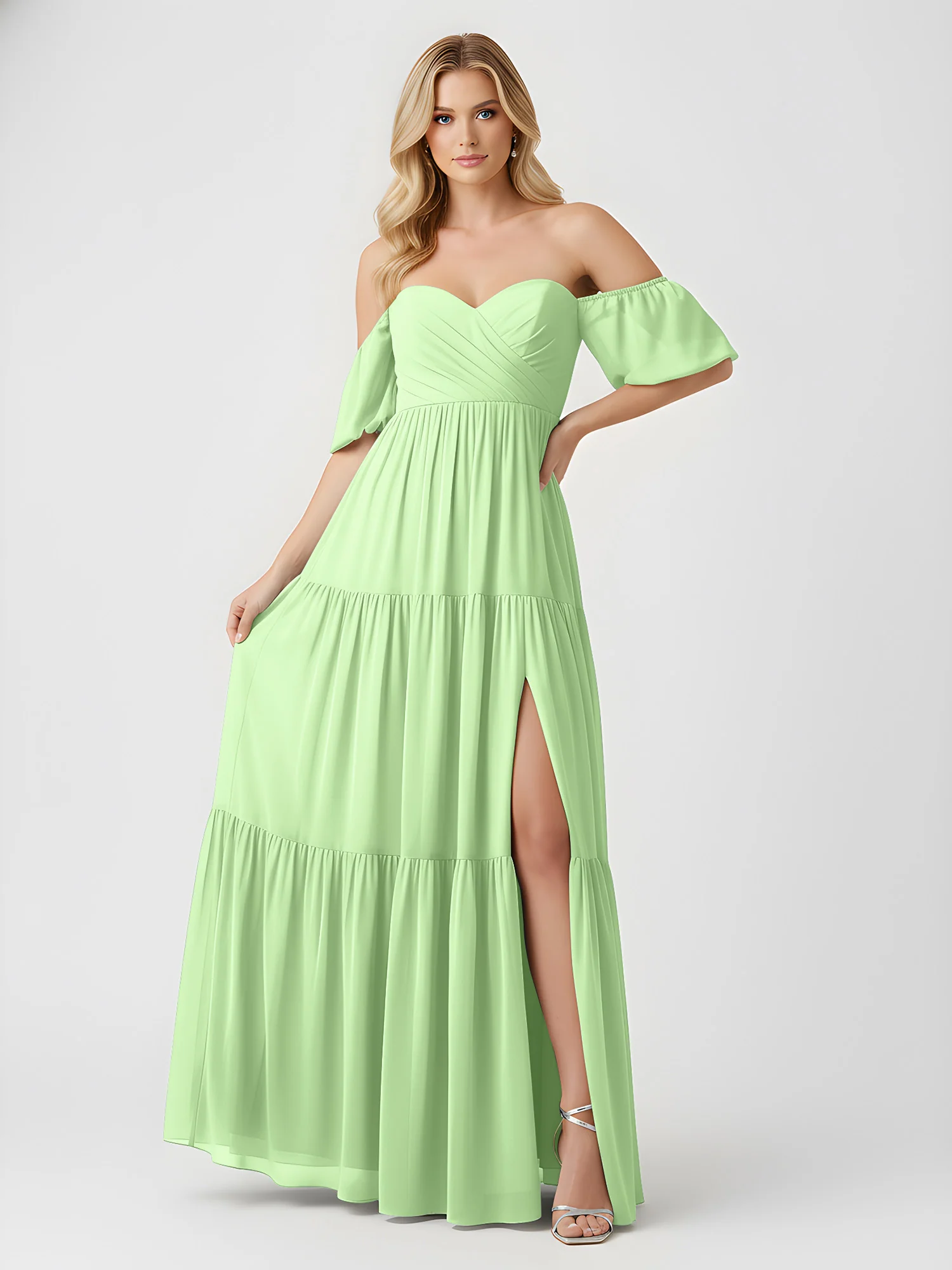 Off-Shoulder Tiered Chiffon Maxi Dress with Slit Sage - Image 3
