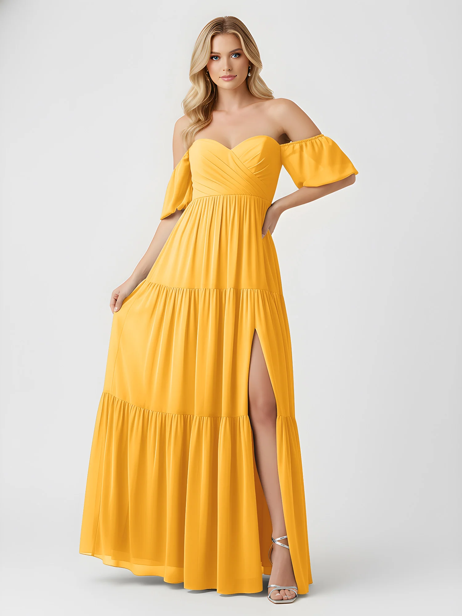 Off-Shoulder Tiered Chiffon Maxi Dress with Slit Tangerine - Image 3