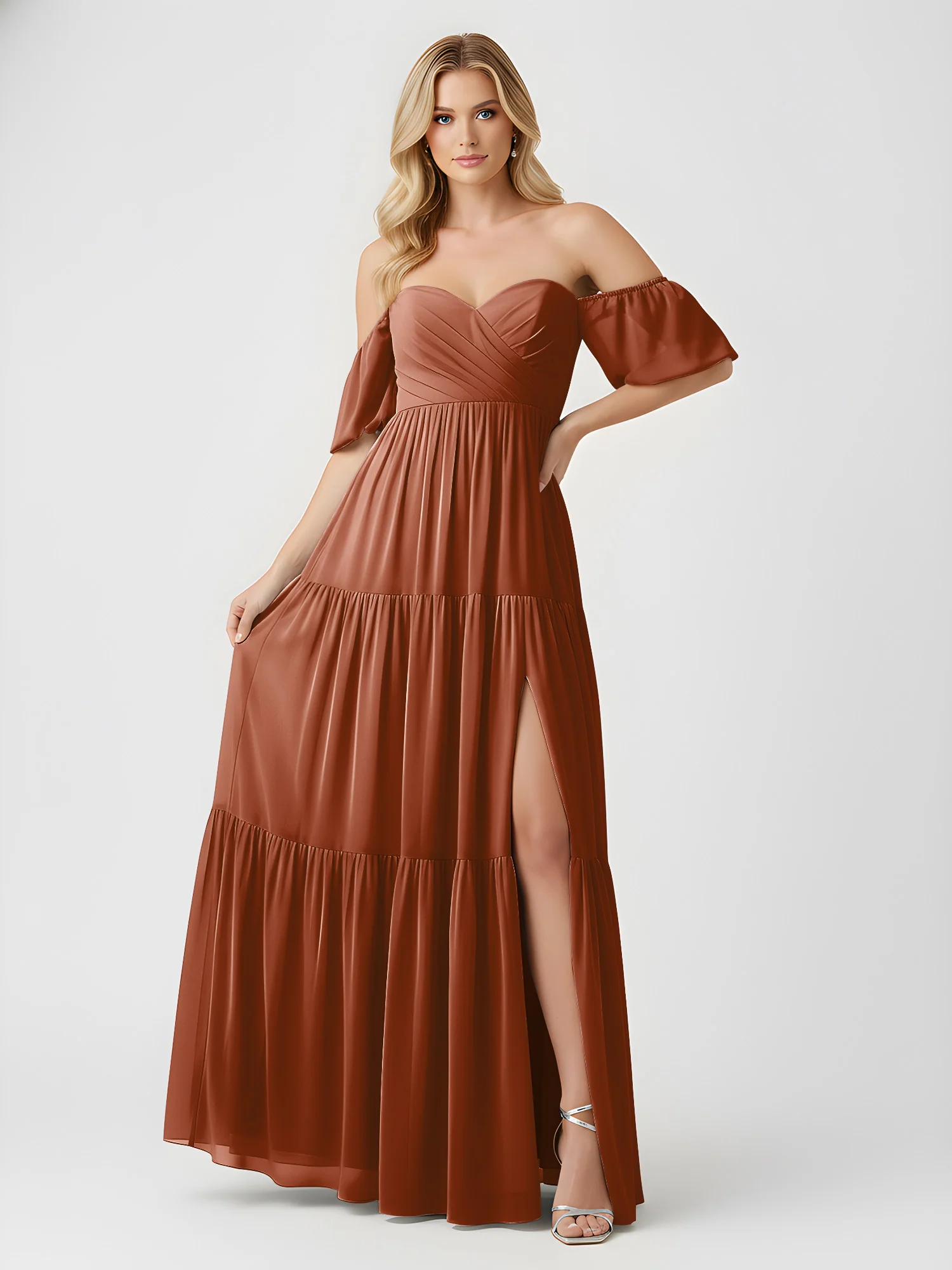 Off-Shoulder Tiered Chiffon Maxi Dress with Slit Terracotta - Image 3