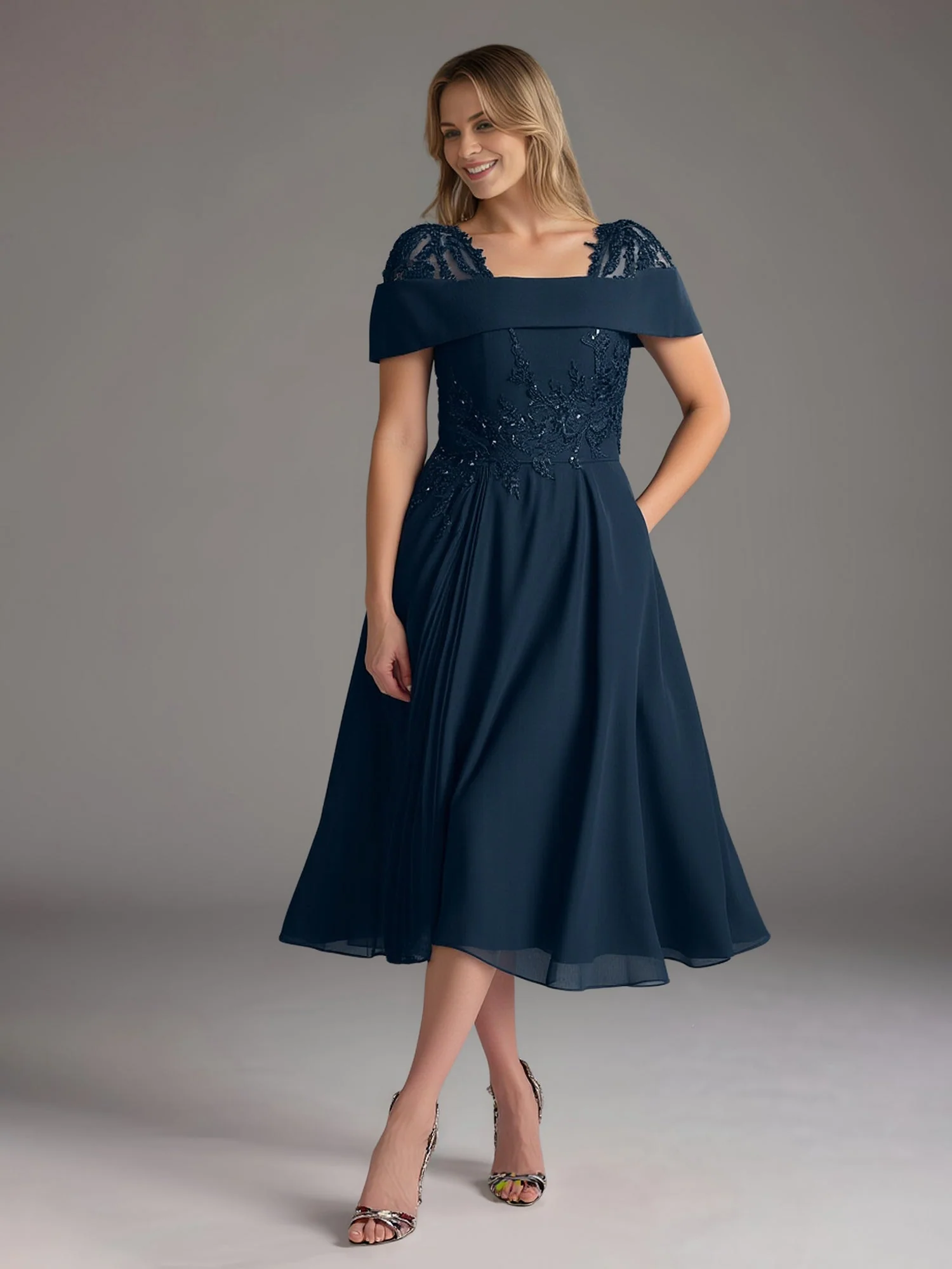 Chic A-Line Lace Square Neck Chiffon Tea-Length Dress Peach
