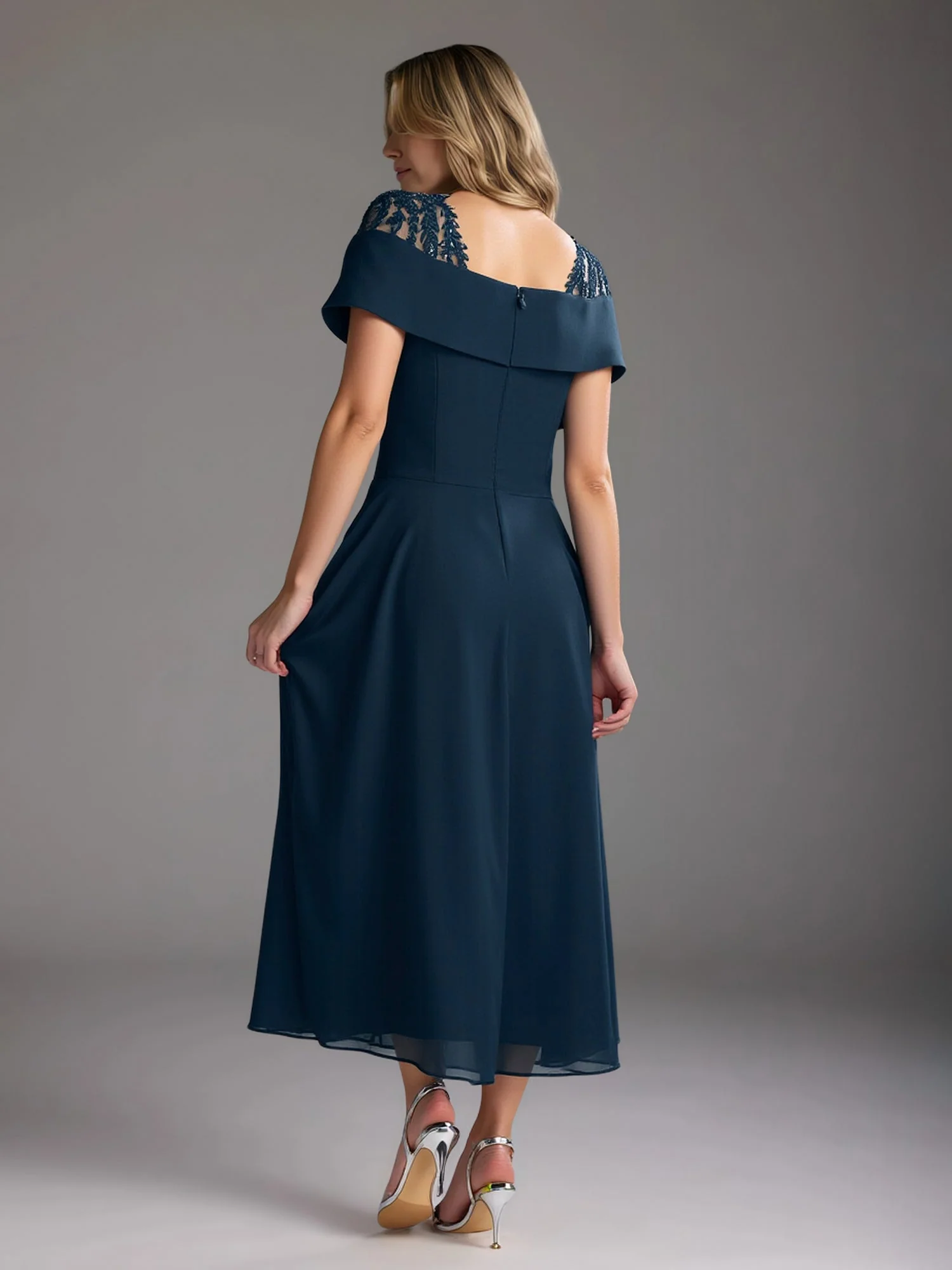 Chic A-Line Lace Square Neck Chiffon Tea-Length Dress Sage - Image 2