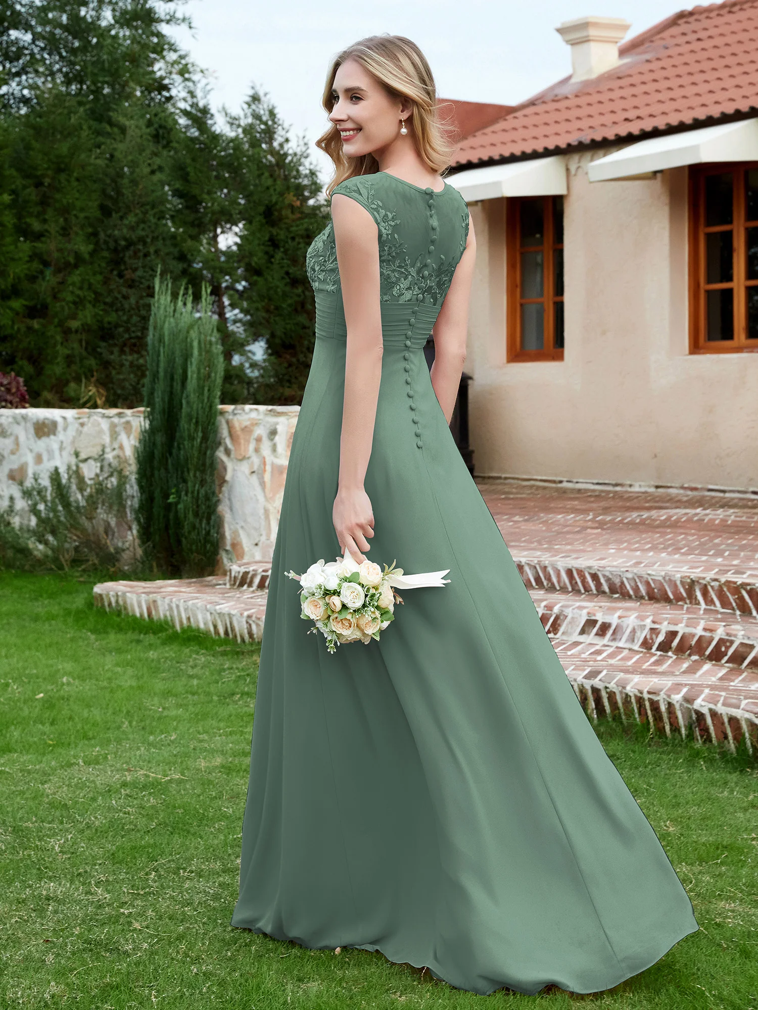 Chiffon And Lace Floor-length A-line Dress Eucalyptus - Image 2