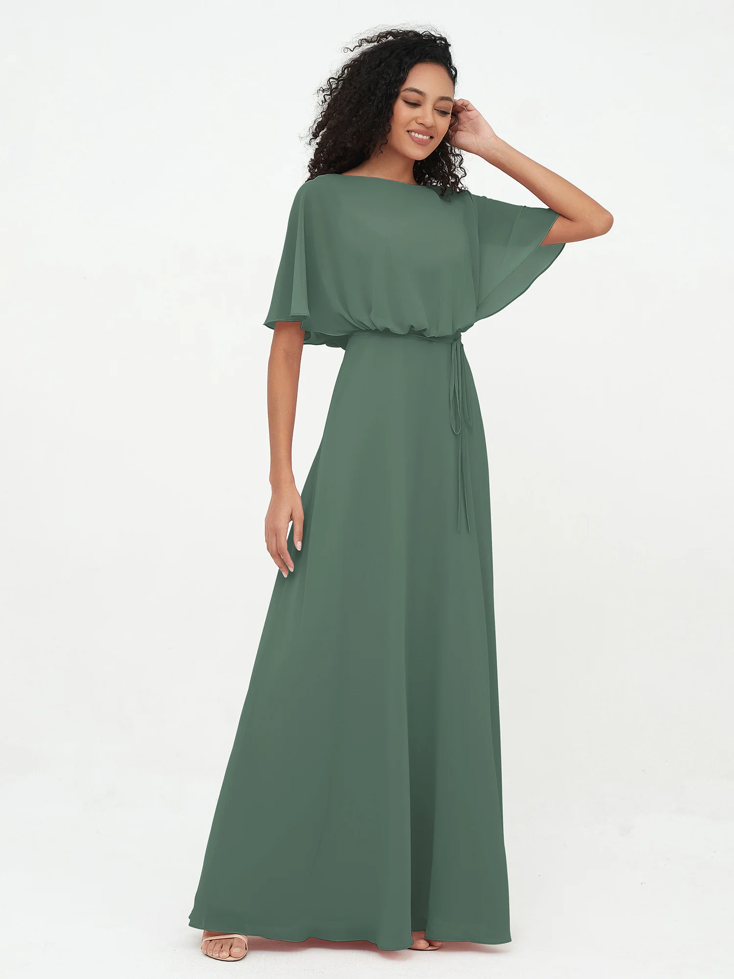Chiffon Full Length Bridesmaid Dresses with Wrap Eucalyptus - Image 3