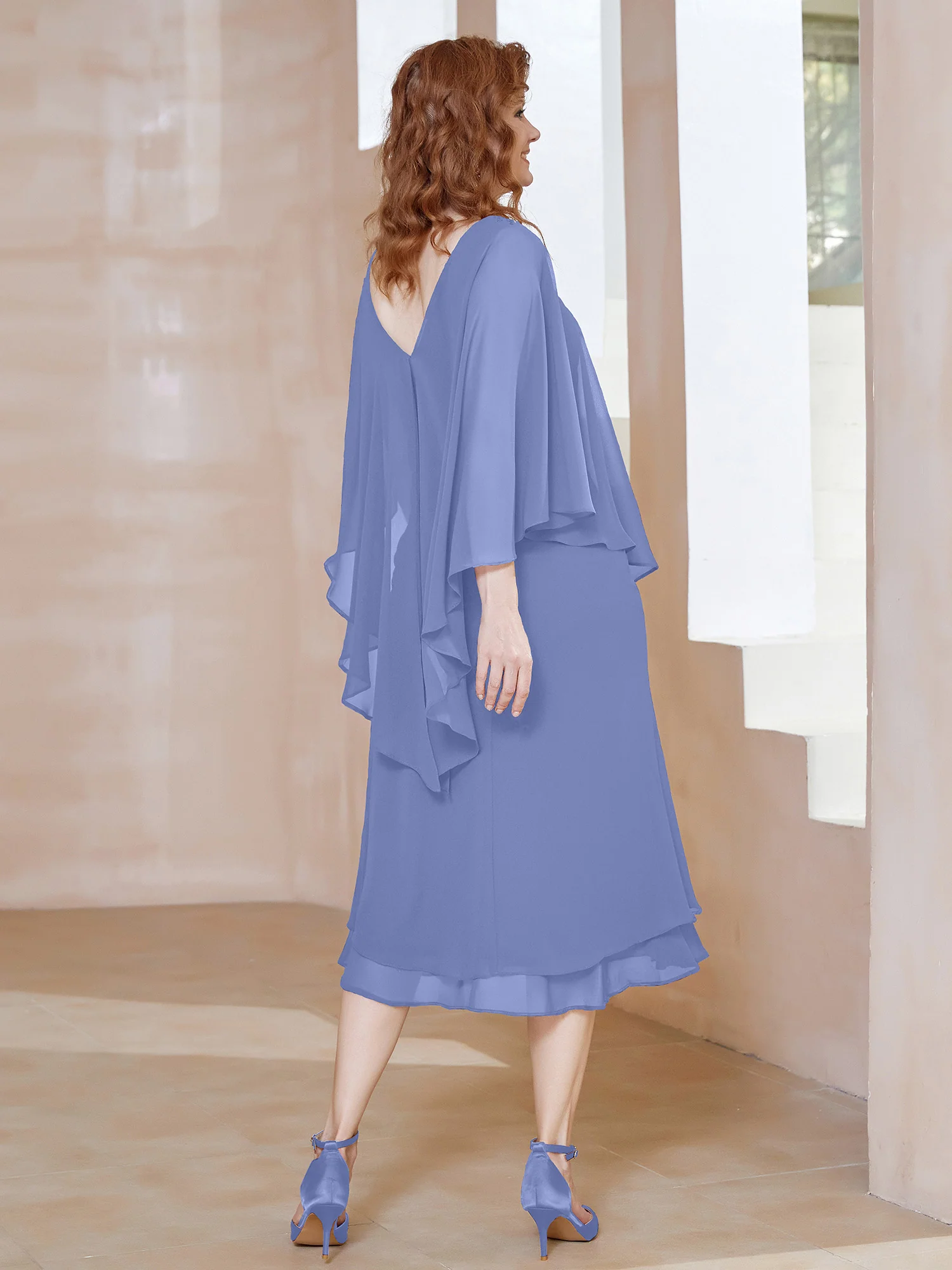 Chiffon V-Neck Flutter Sleeves Dress Periwinkle - Image 2