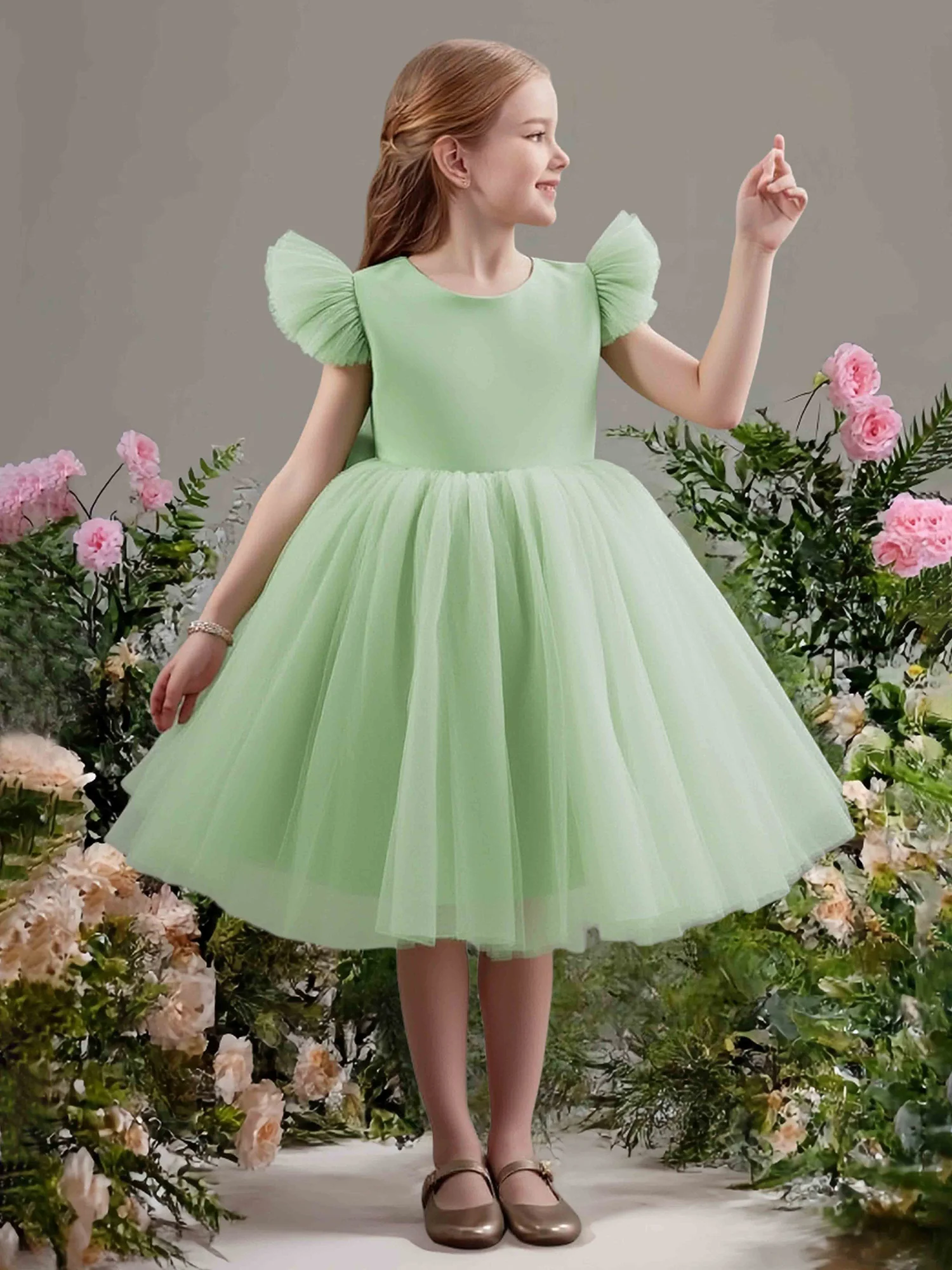 Ruffle Sleeve Heart Back Keyhole Flower Girl Dress Dusty Sage