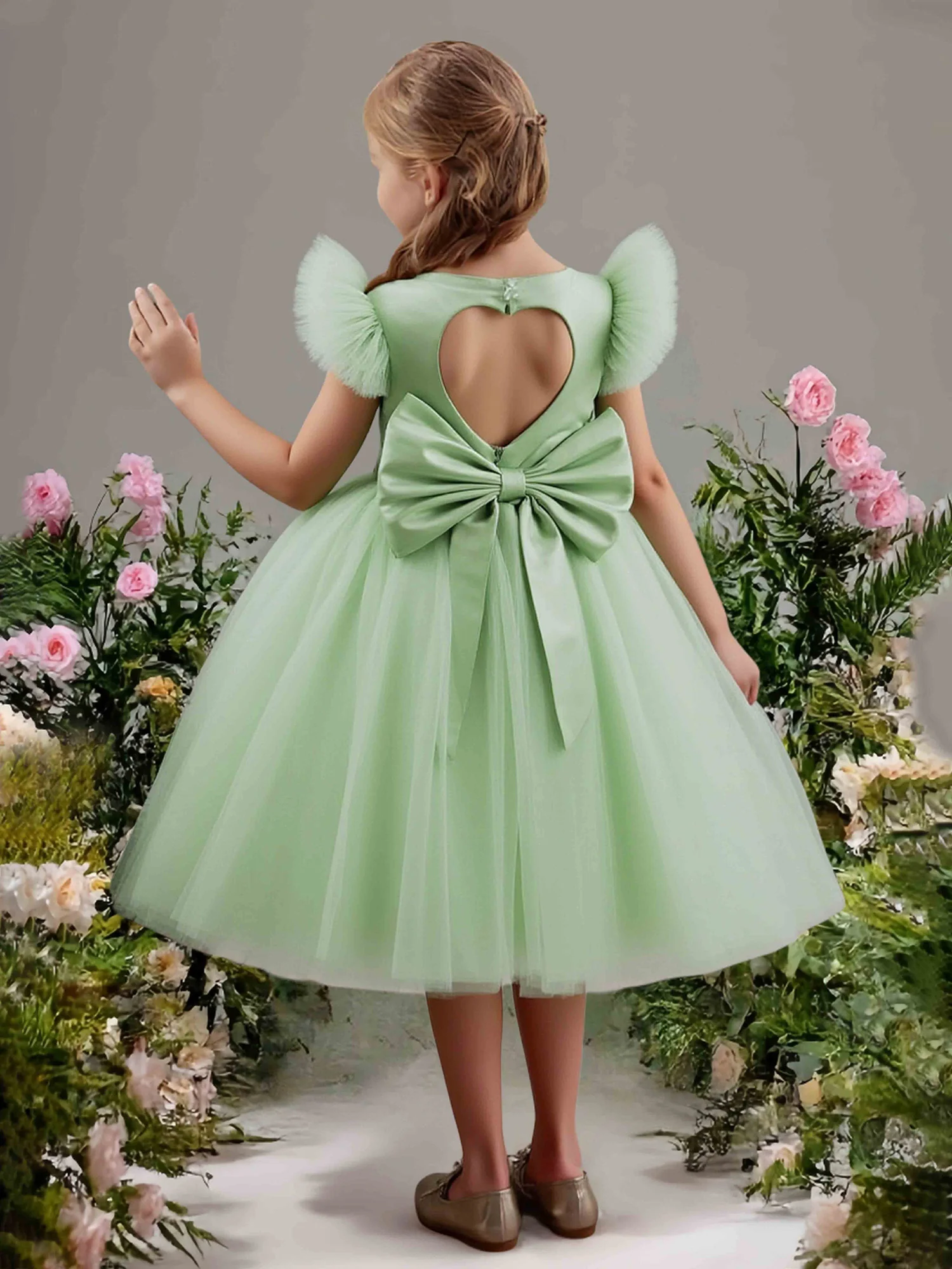 Ruffle Sleeve Heart Back Keyhole Flower Girl Dress Dusty Sage - Image 2