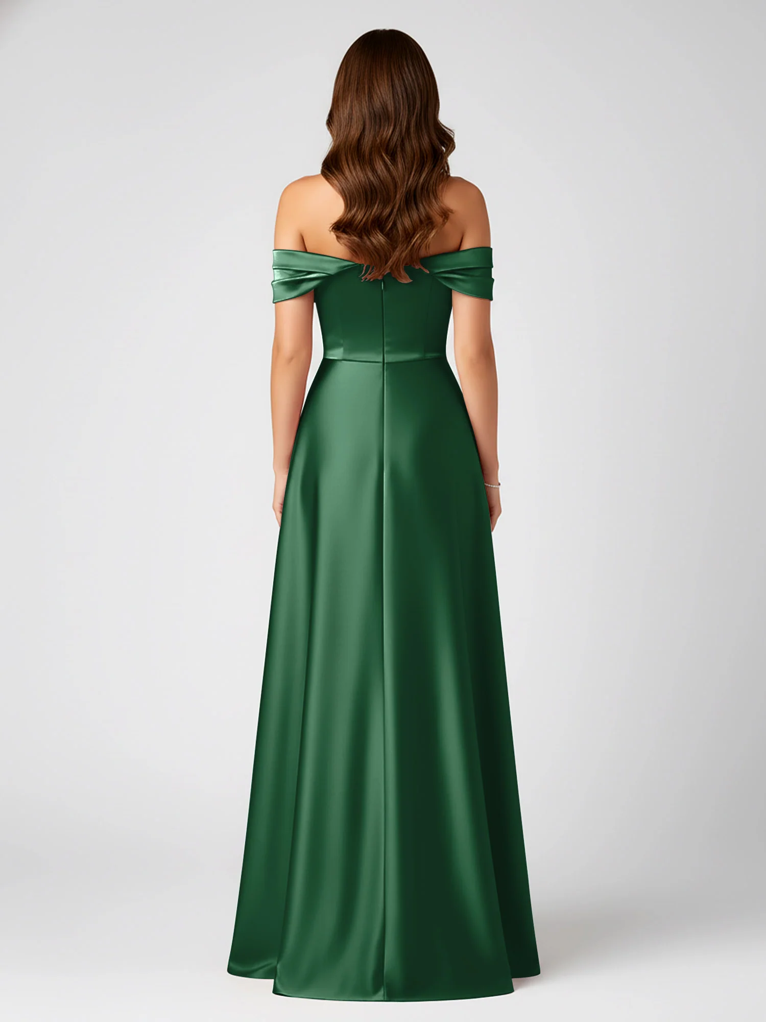 Off-Shoulder Folded Sleeve A-Line Satin Gown Dark Green - Image 2