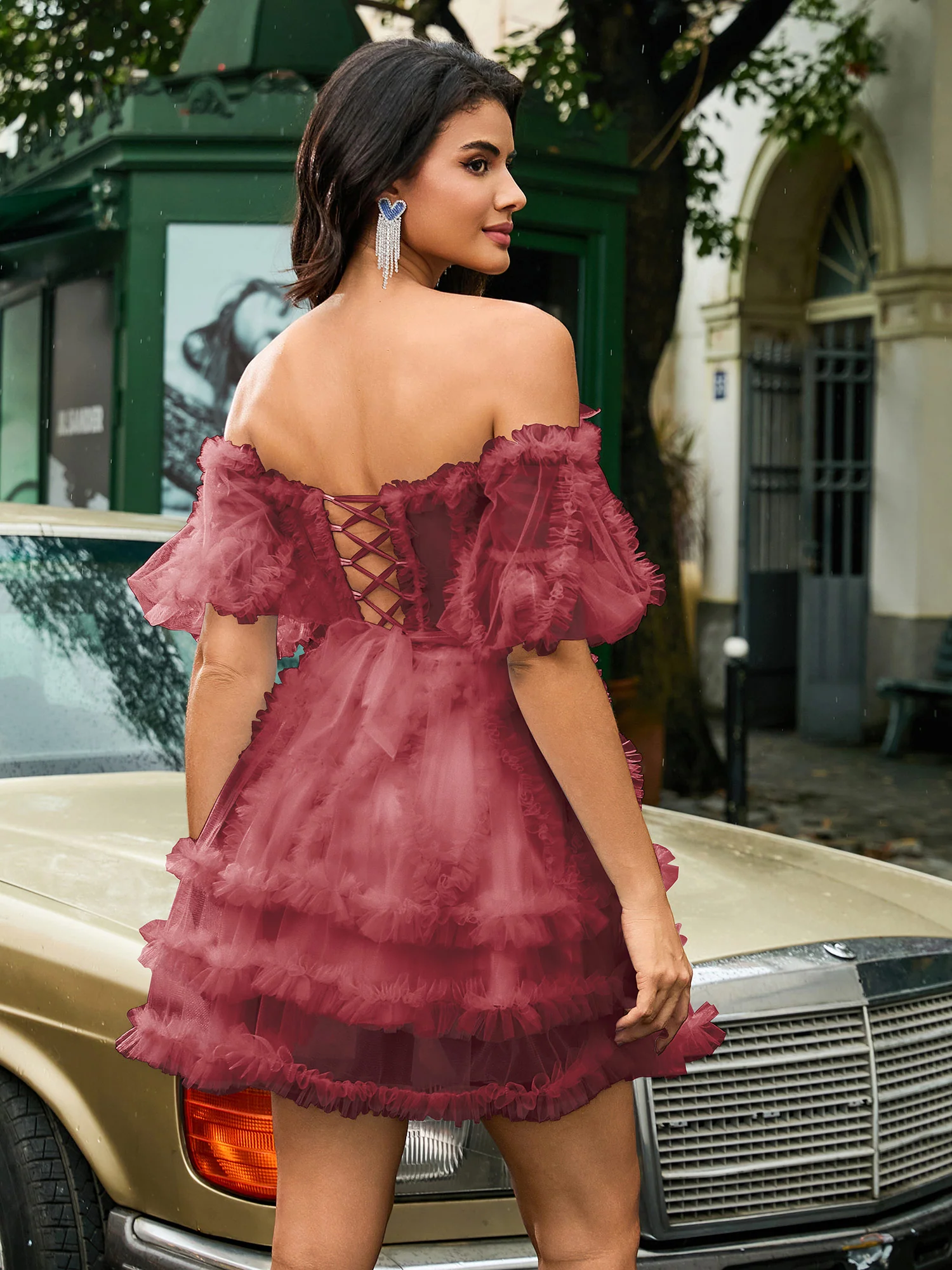 Corset Strapless Tulle Tiered Short Dress Cinnamon Rose - Image 2