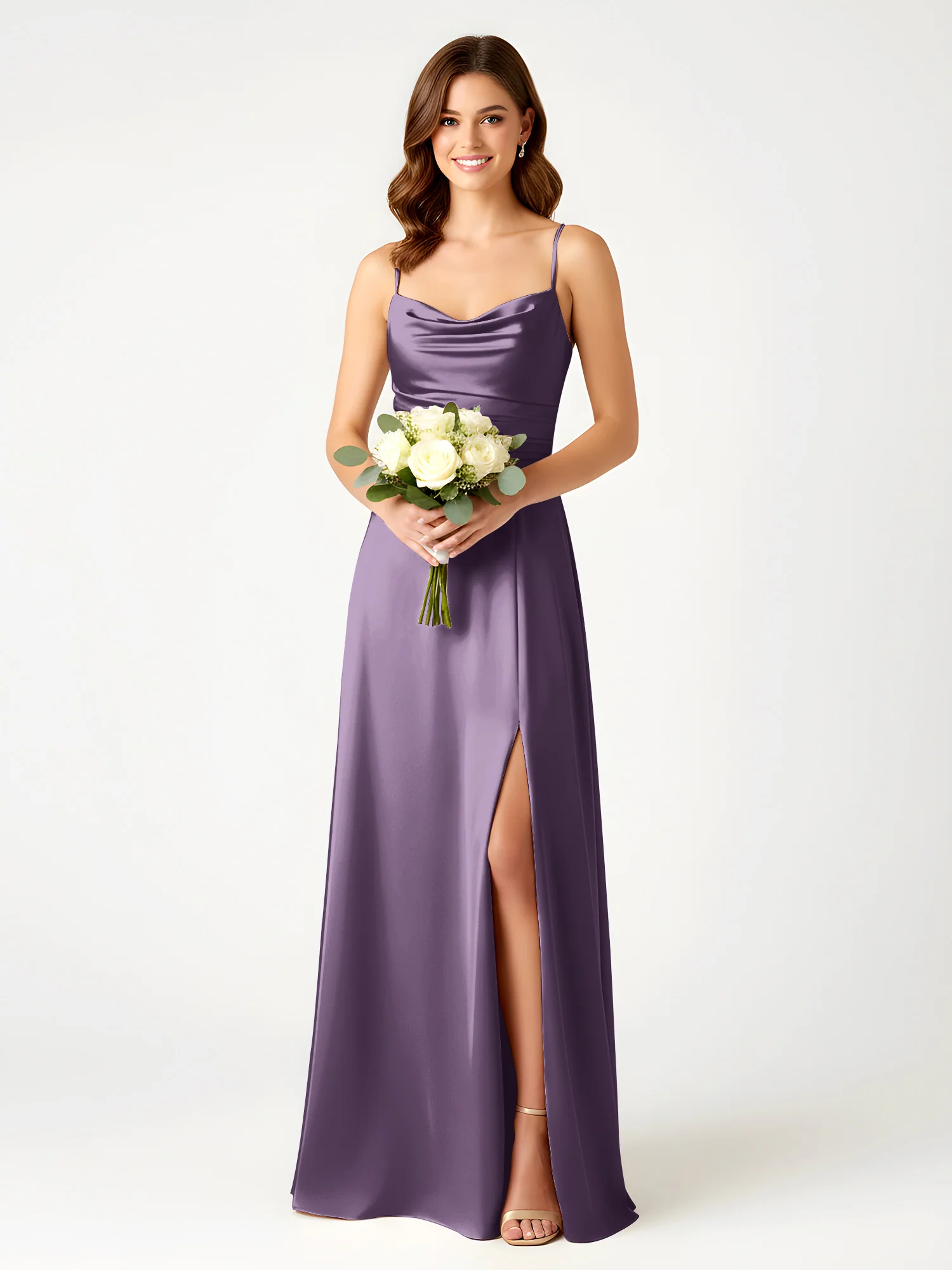 Cowl Neck Spaghetti Strap Acetate Satin Gown with Slit Plum