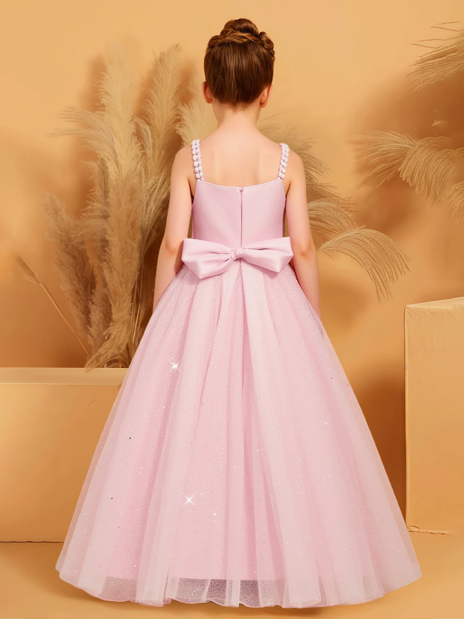 Beaded Strap Ruched Bodice Sparkle Flower Girl Dress Blushing Pink - Image 2
