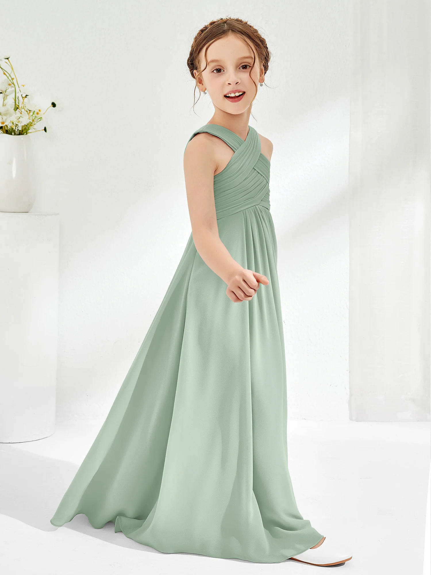 Cross Shoulder Strap Junior Bridesmaid Dresses with Empire Waist Agave - Image 3