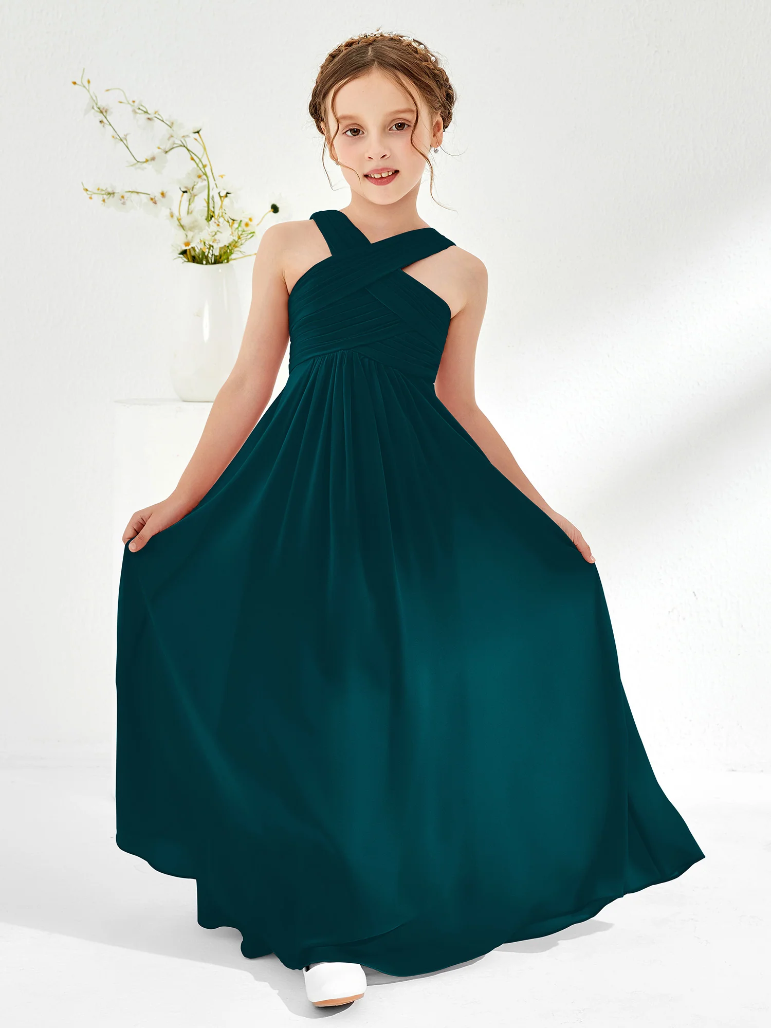Cross Shoulder Strap Junior Bridesmaid Dresses with Empire Waist Pine