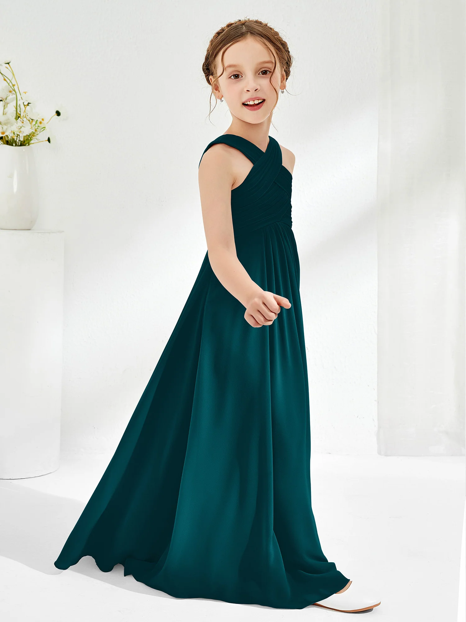 Cross Shoulder Strap Junior Bridesmaid Dresses with Empire Waist Pine - Image 3