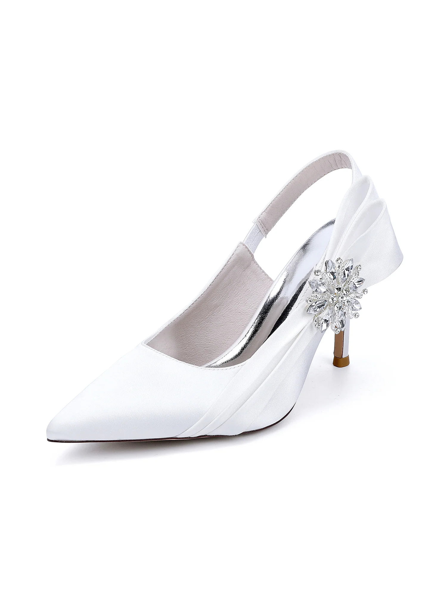 Crystal Embellished Bow Side Pointed Toe Slingback High Heels - Image 13