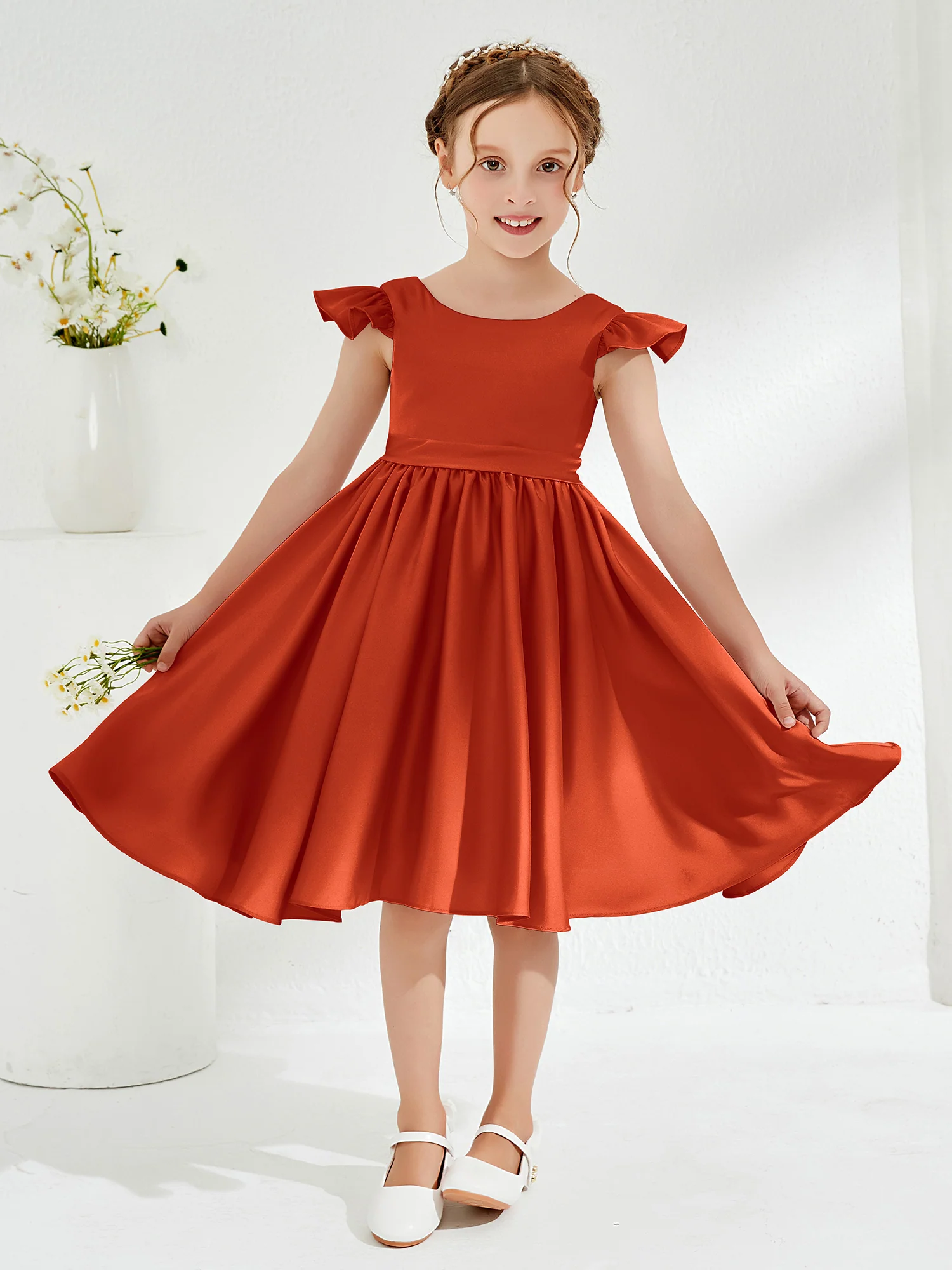 Cute Cap Sleeves Acetate Satin Flower Girl Dresses Burnt Orange