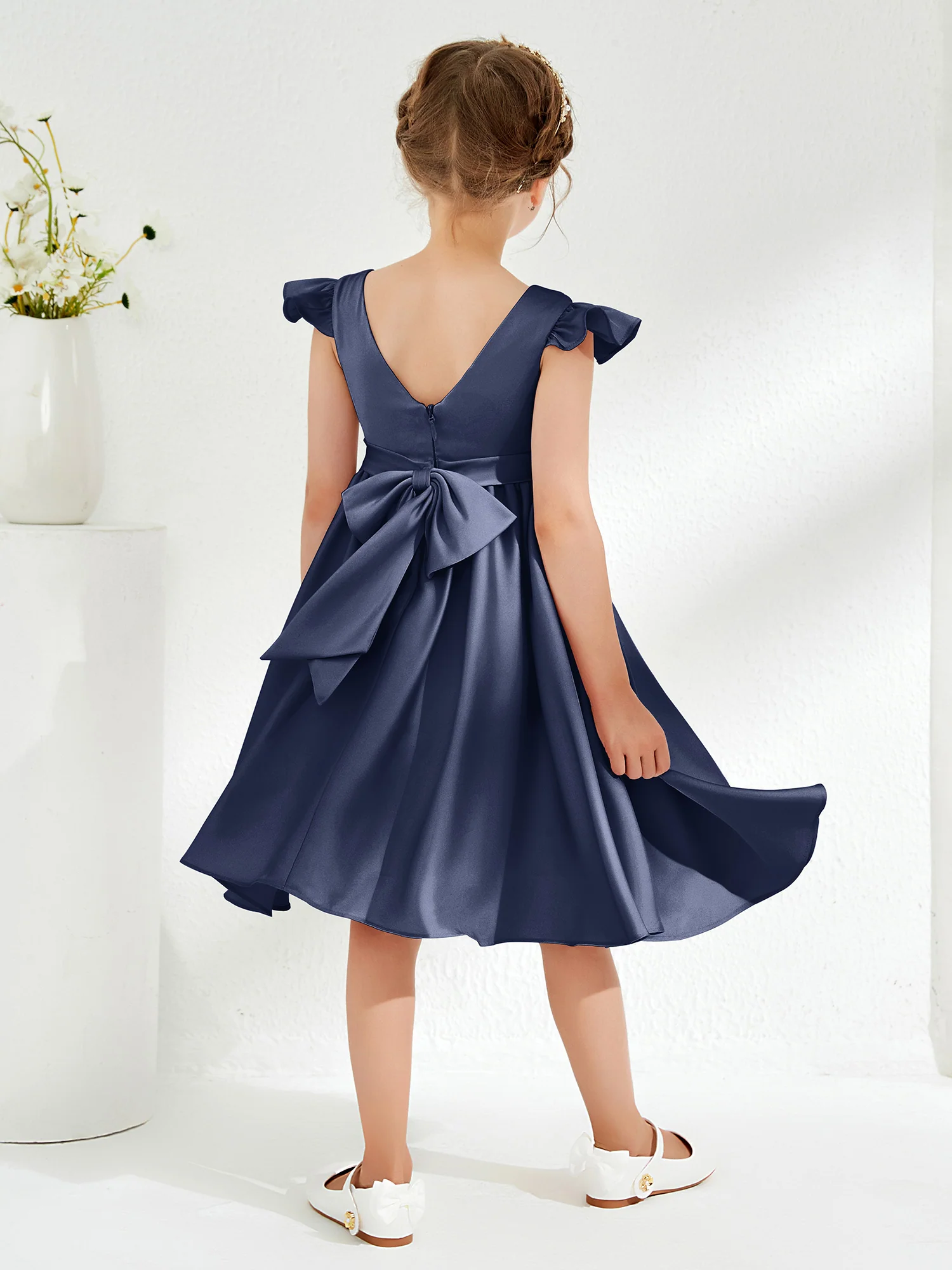 Cute Cap Sleeves Acetate Satin Flower Girl Dresses Dark Navy - Image 2