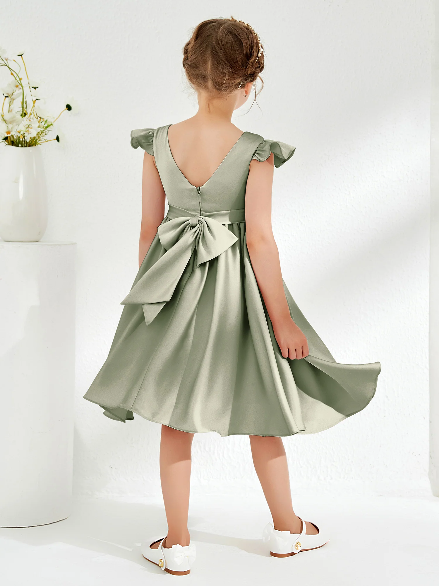 Cute Cap Sleeves Acetate Satin Flower Girl Dresses Dusty Sage - Image 2