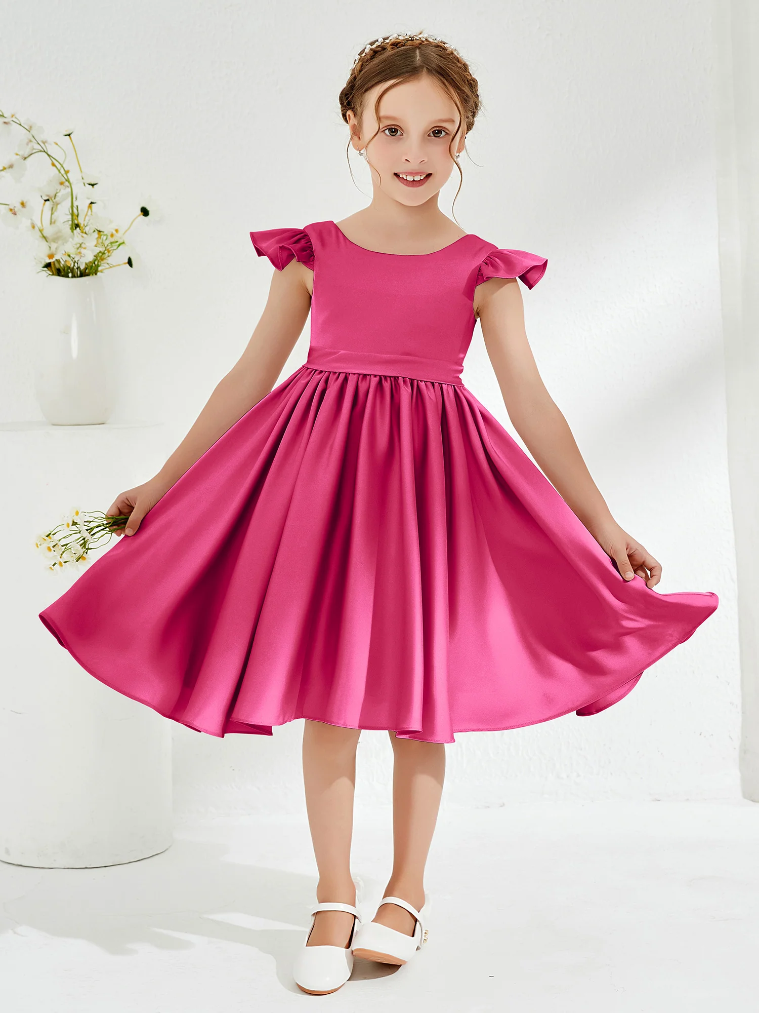 Cute Cap Sleeves Acetate Satin Flower Girl Dresses Fuchsia