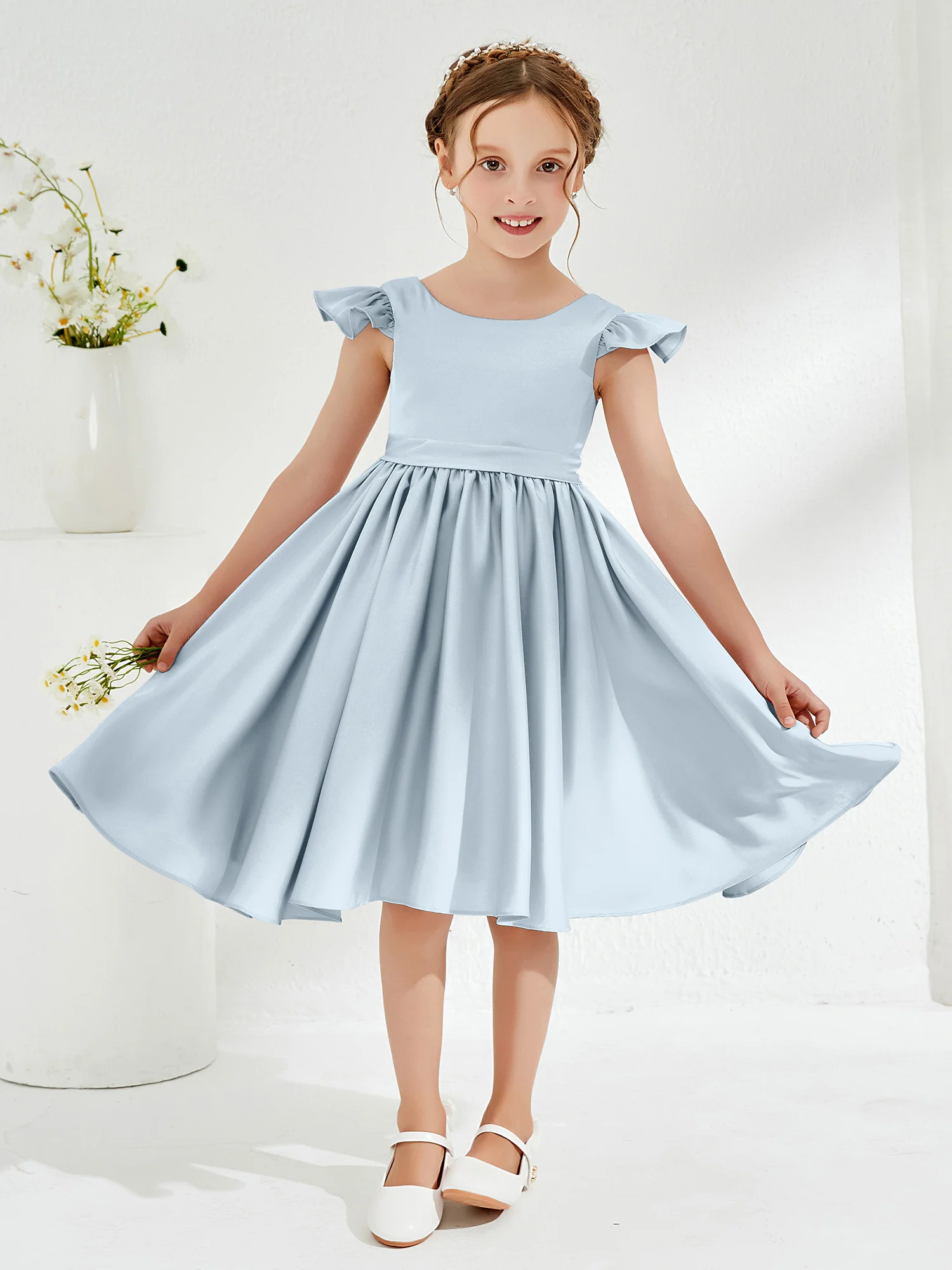 Cute Cap Sleeves Acetate Satin Flower Girl Dresses Mist