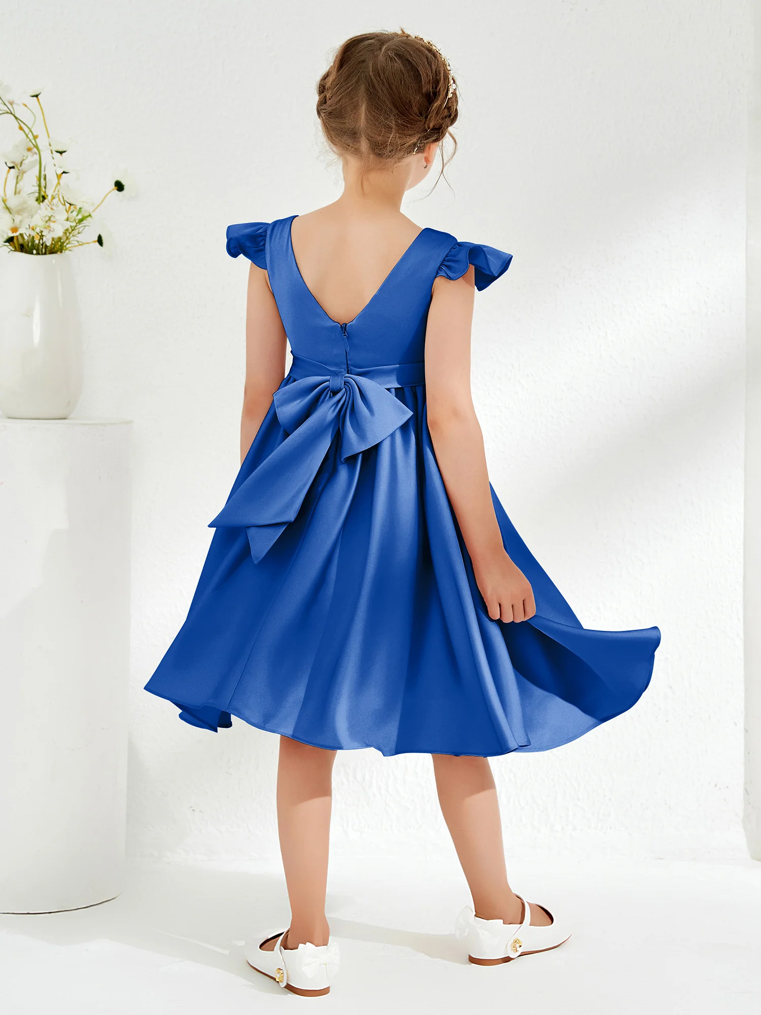 Cute Cap Sleeves Acetate Satin Flower Girl Dresses Royal Blue - Image 2