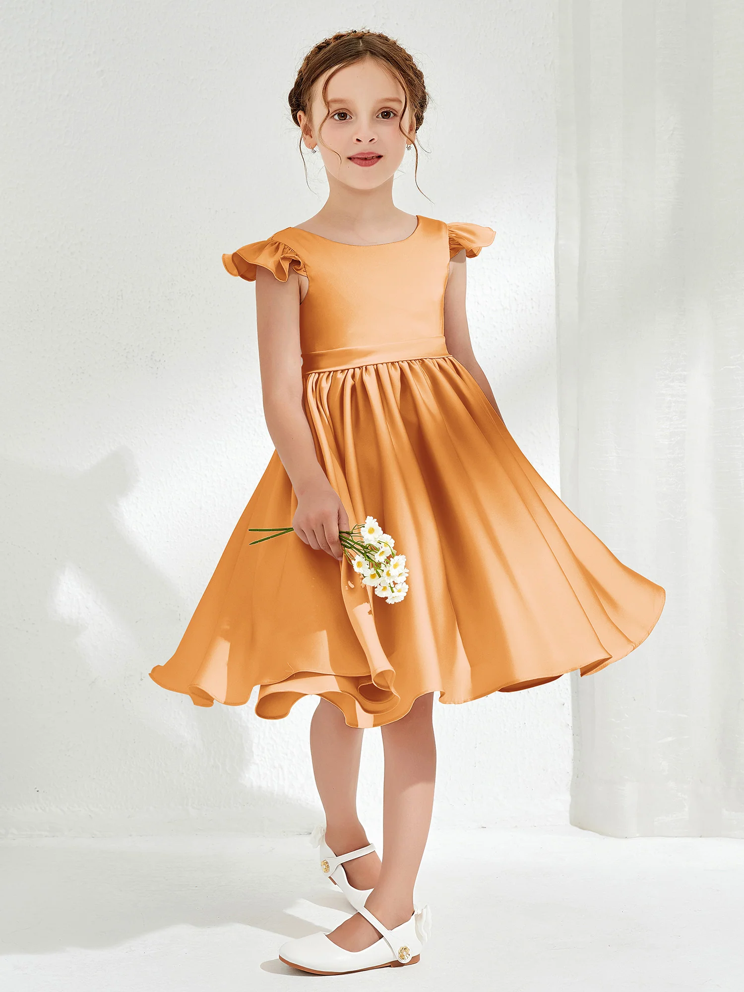 Cute Cap Sleeves Acetate Satin Flower Girl Dresses Tangerine - Image 3