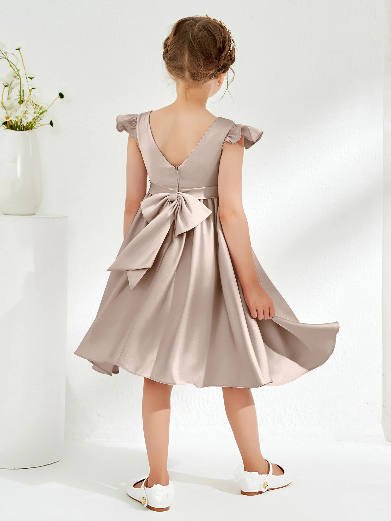 Cute Cap Sleeves Acetate Satin Flower Girl Dresses Taupe - Image 2