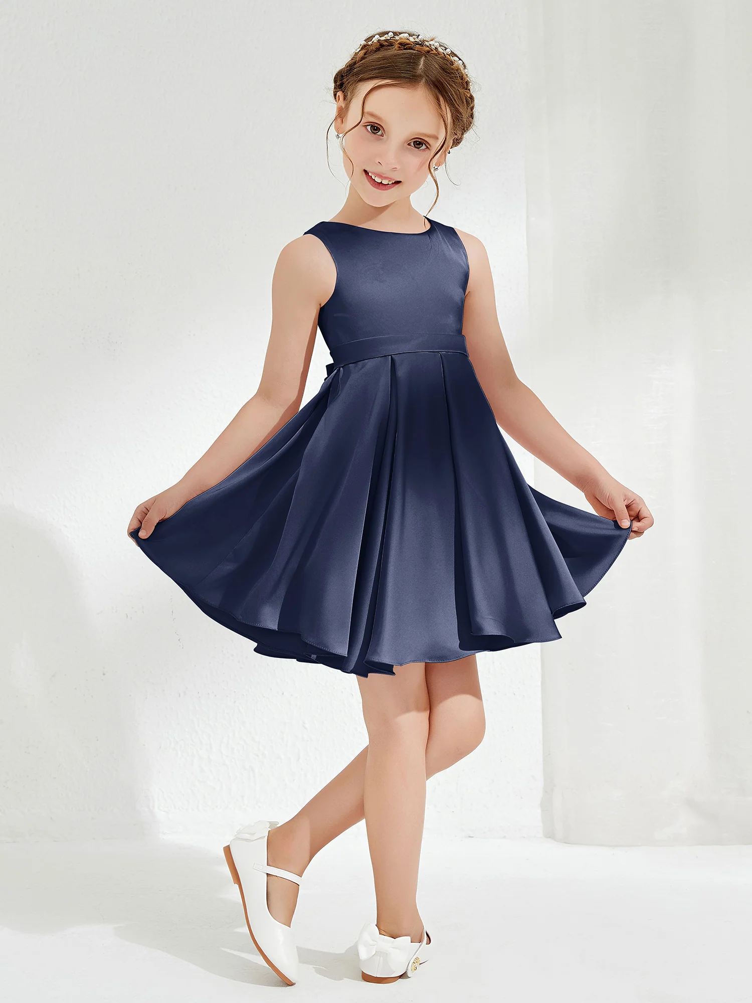 Cute Scoop Pleated Knee-Length Girl's Dress Dark Navy