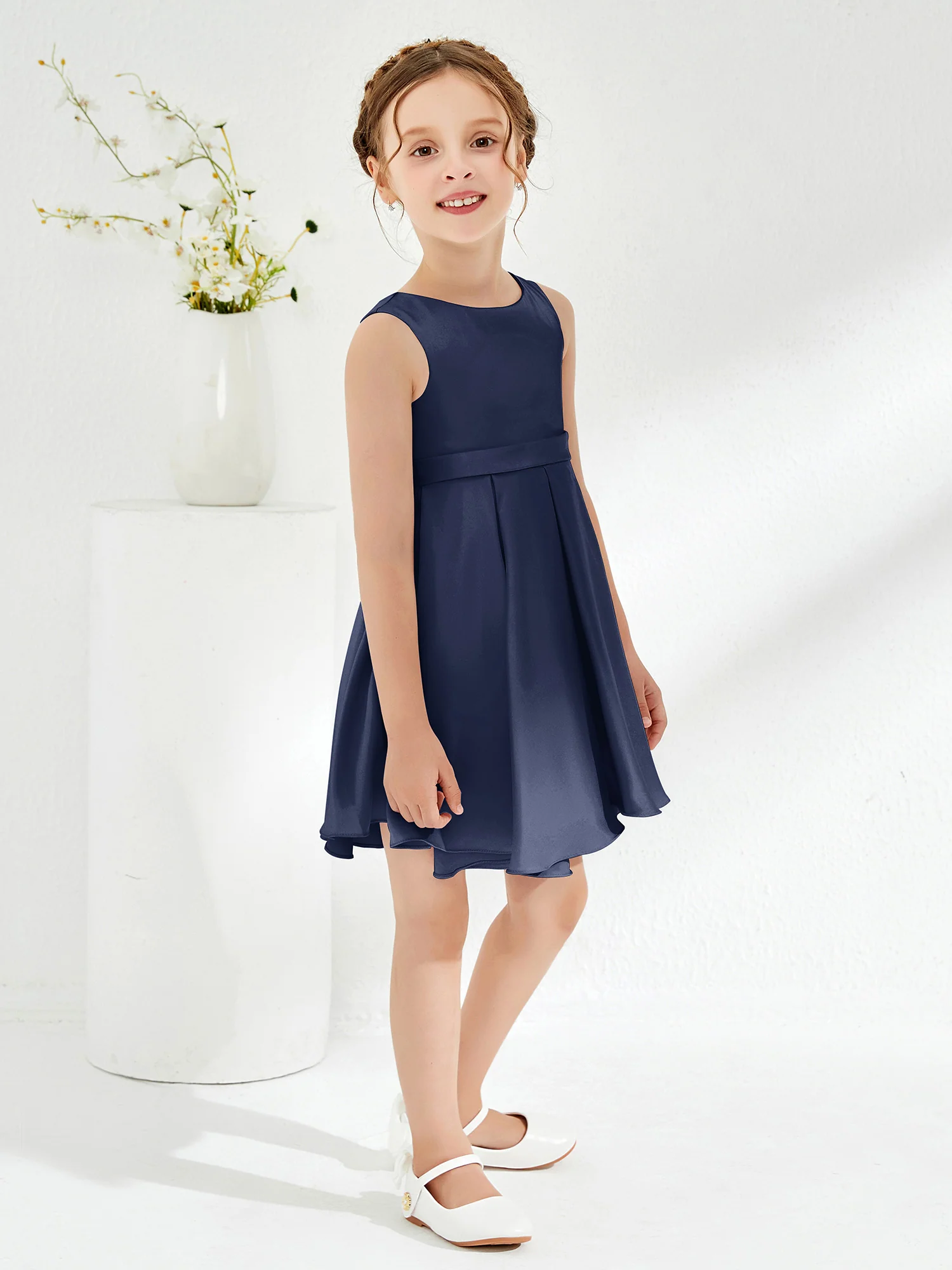 Cute Scoop Pleated Knee-Length Girl's Dress Dark Navy - Image 3