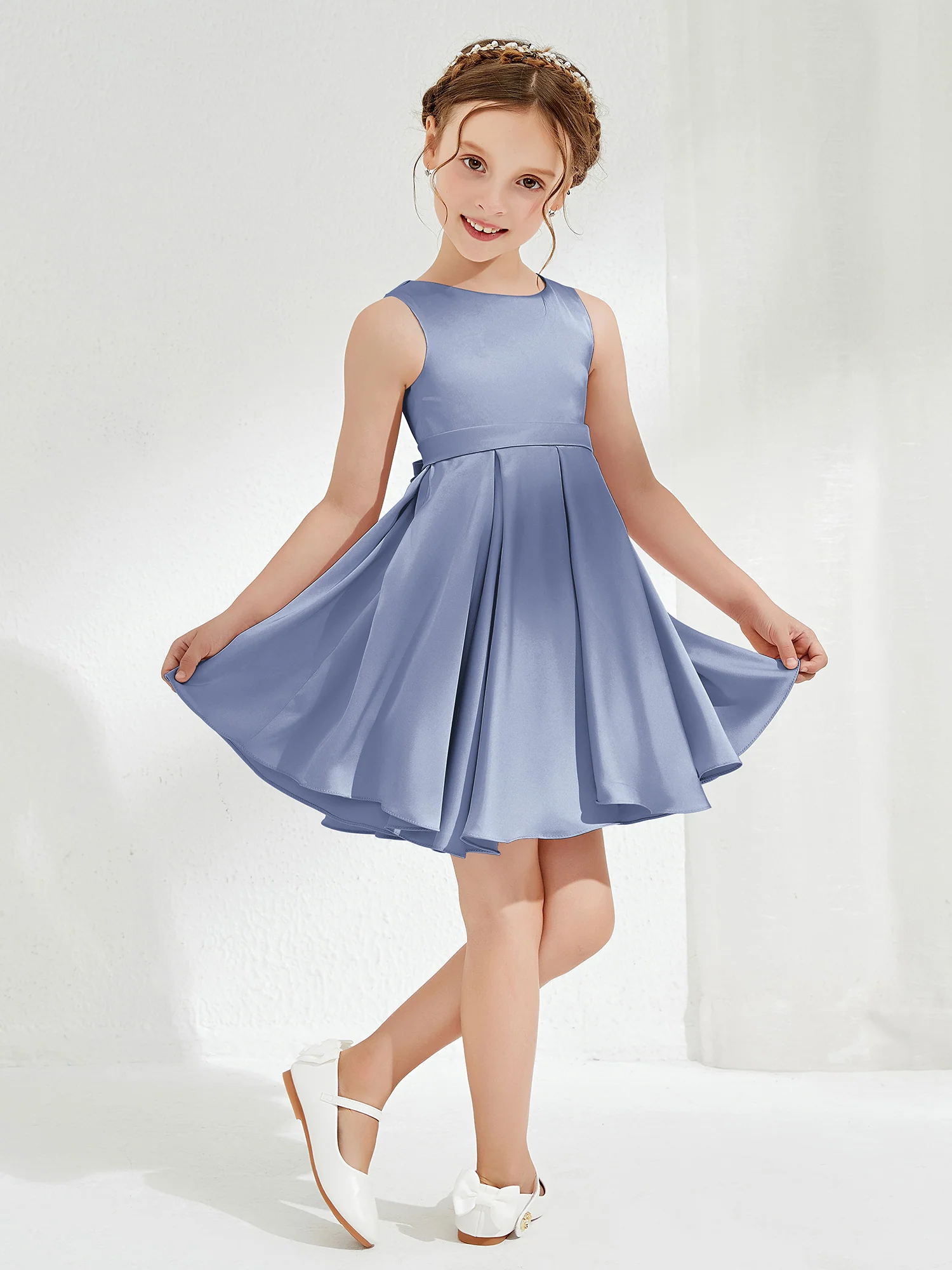 Cute Scoop Pleated Knee-Length Girl's Dress Dusty Blue