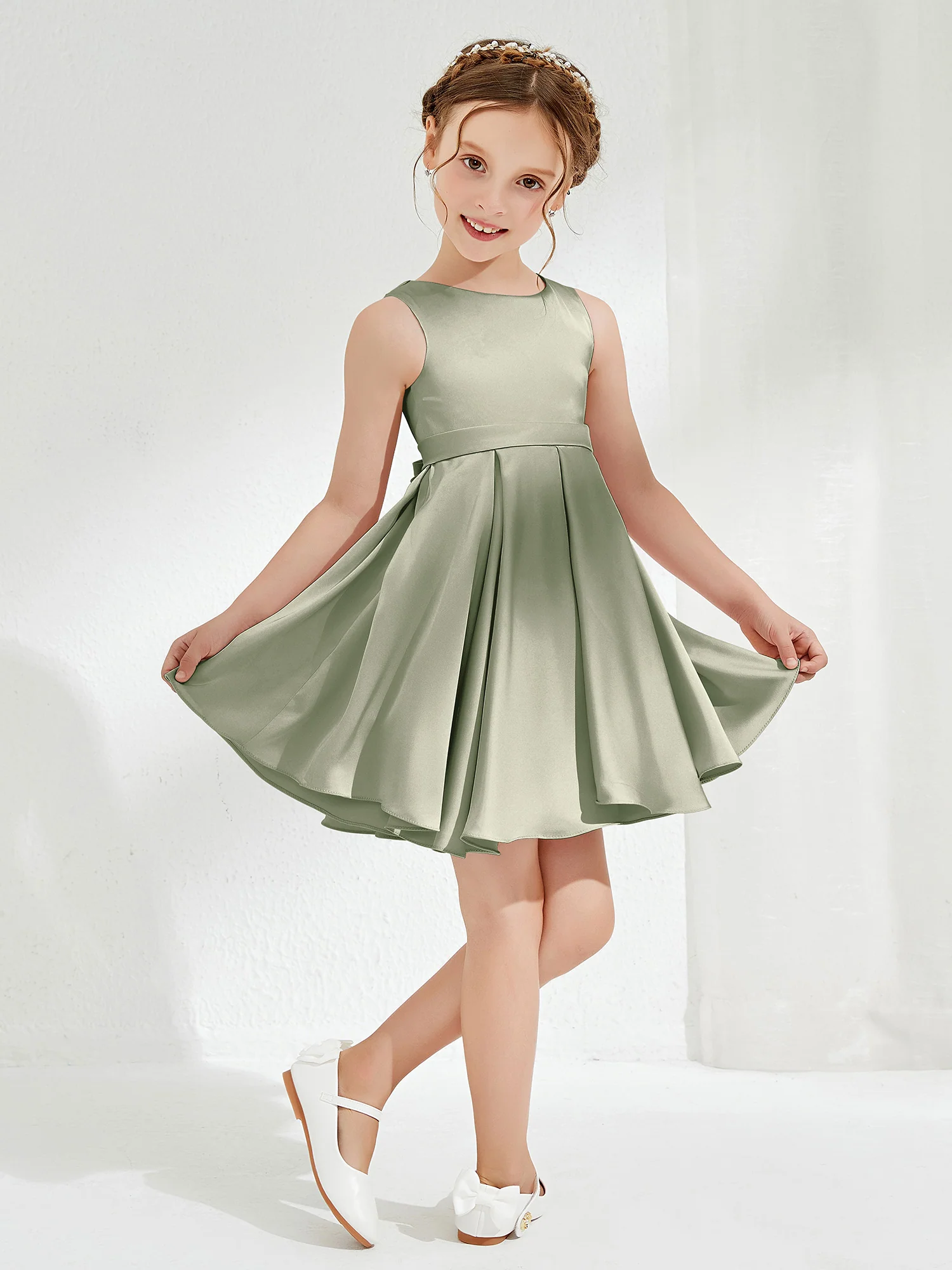 Cute Scoop Pleated Knee-Length Girl's Dress Dusty Sage
