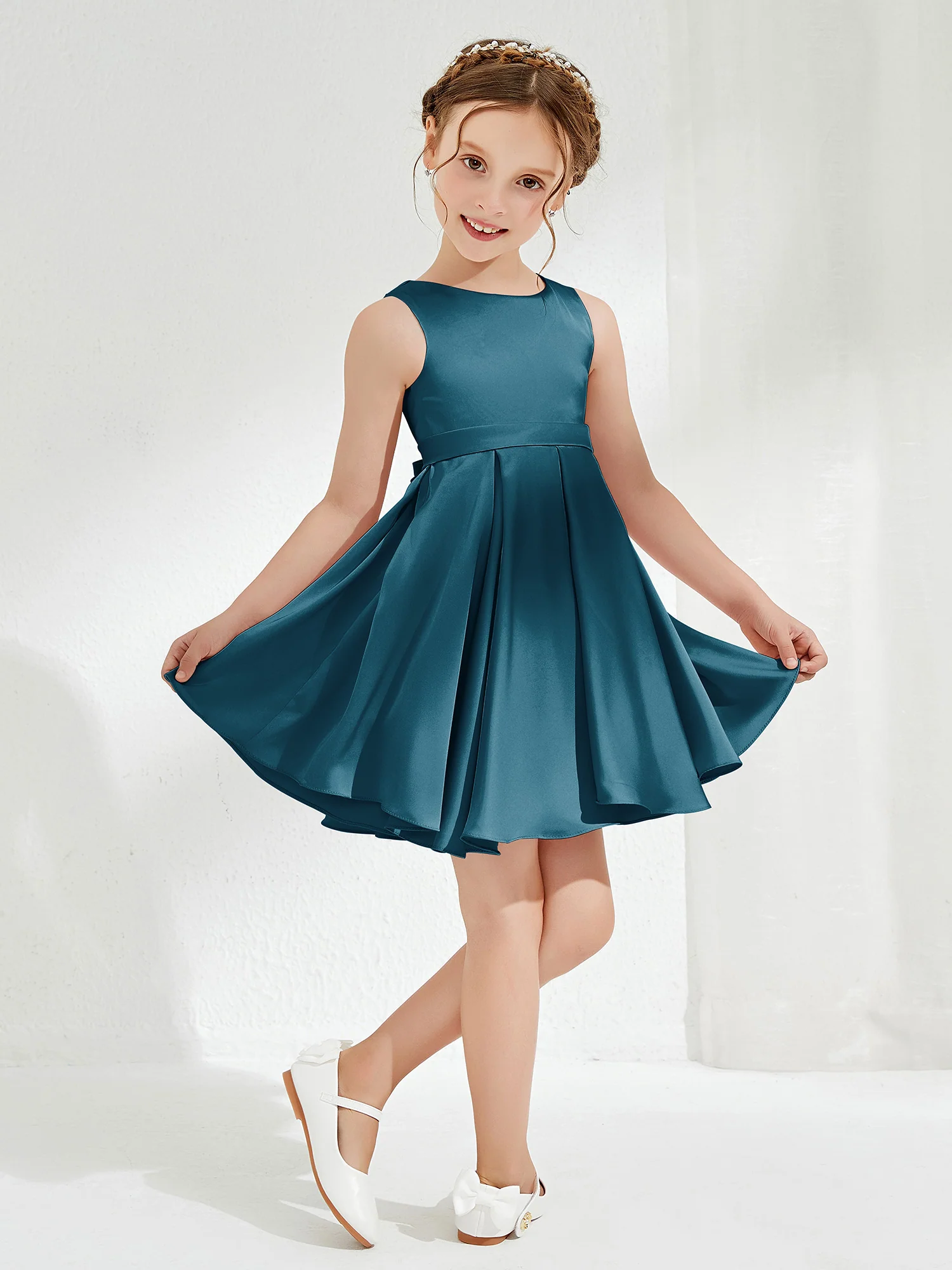 Cute Scoop Pleated Knee-Length Girl's Dress Ink Blue