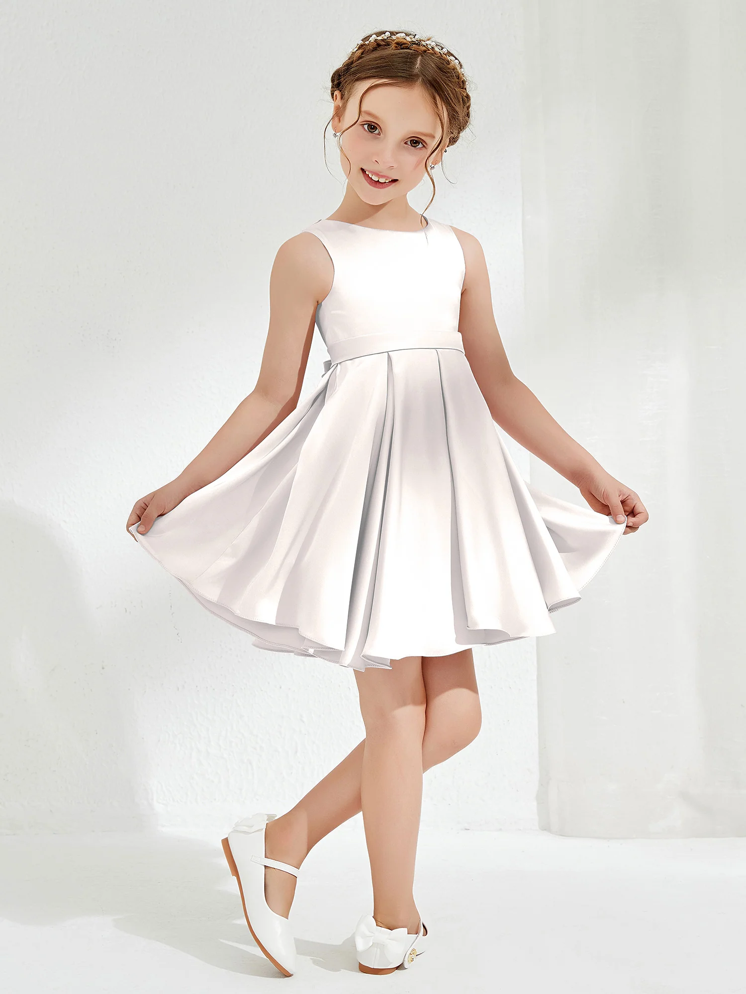 Cute Scoop Pleated Knee-Length Girl's Dress Ivory